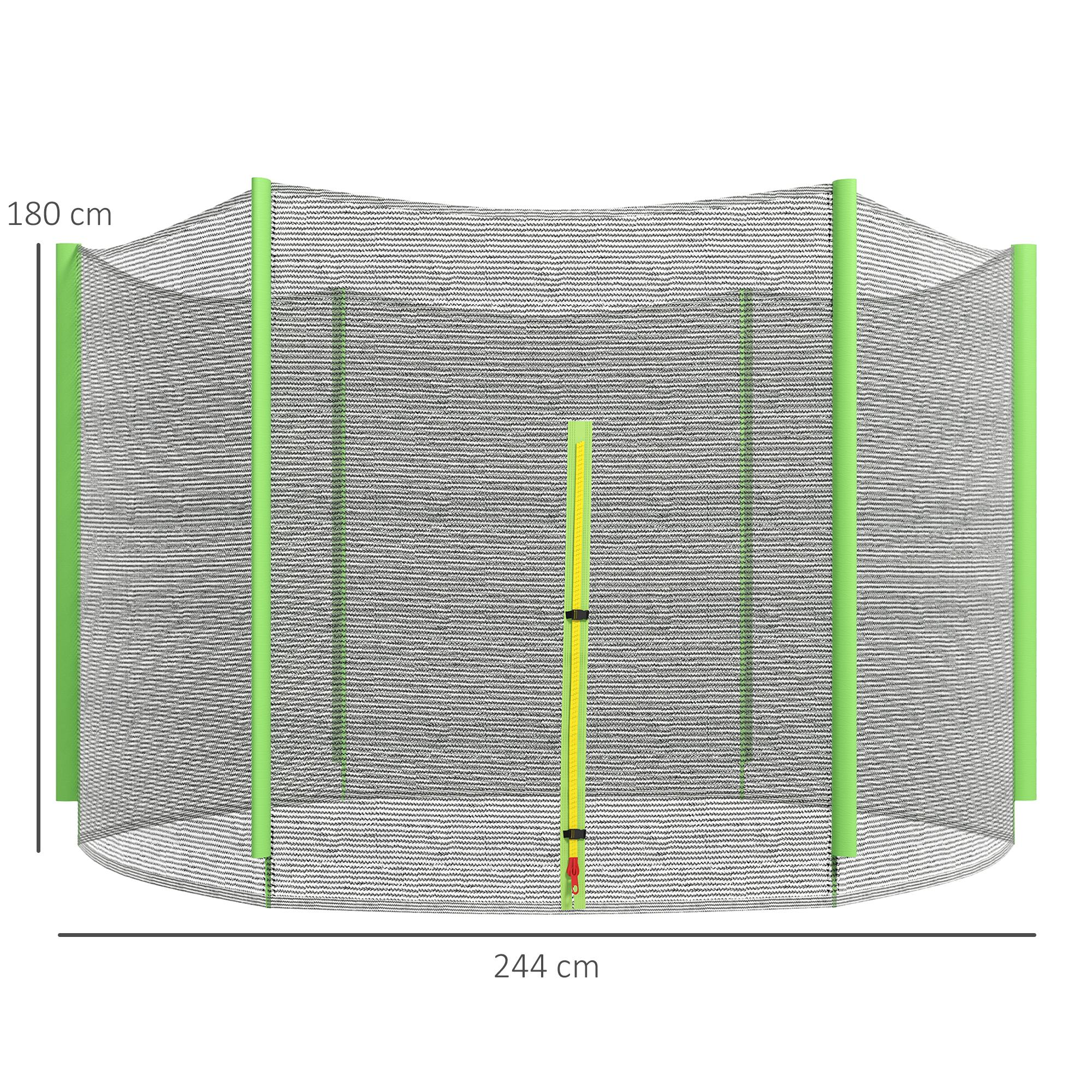 Un trampolín con red de seguridad, con dimensiones etiquetadas en cm.