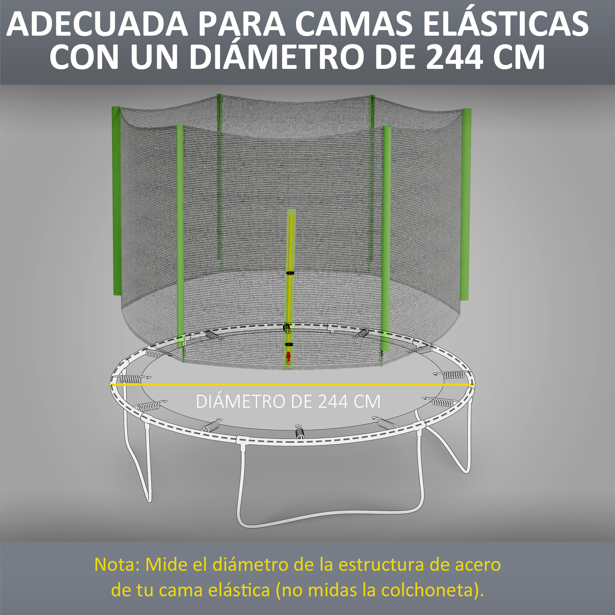 Diagrama de un trampolín con red de seguridad, mostrando el diámetro de la estructura (244 cm).