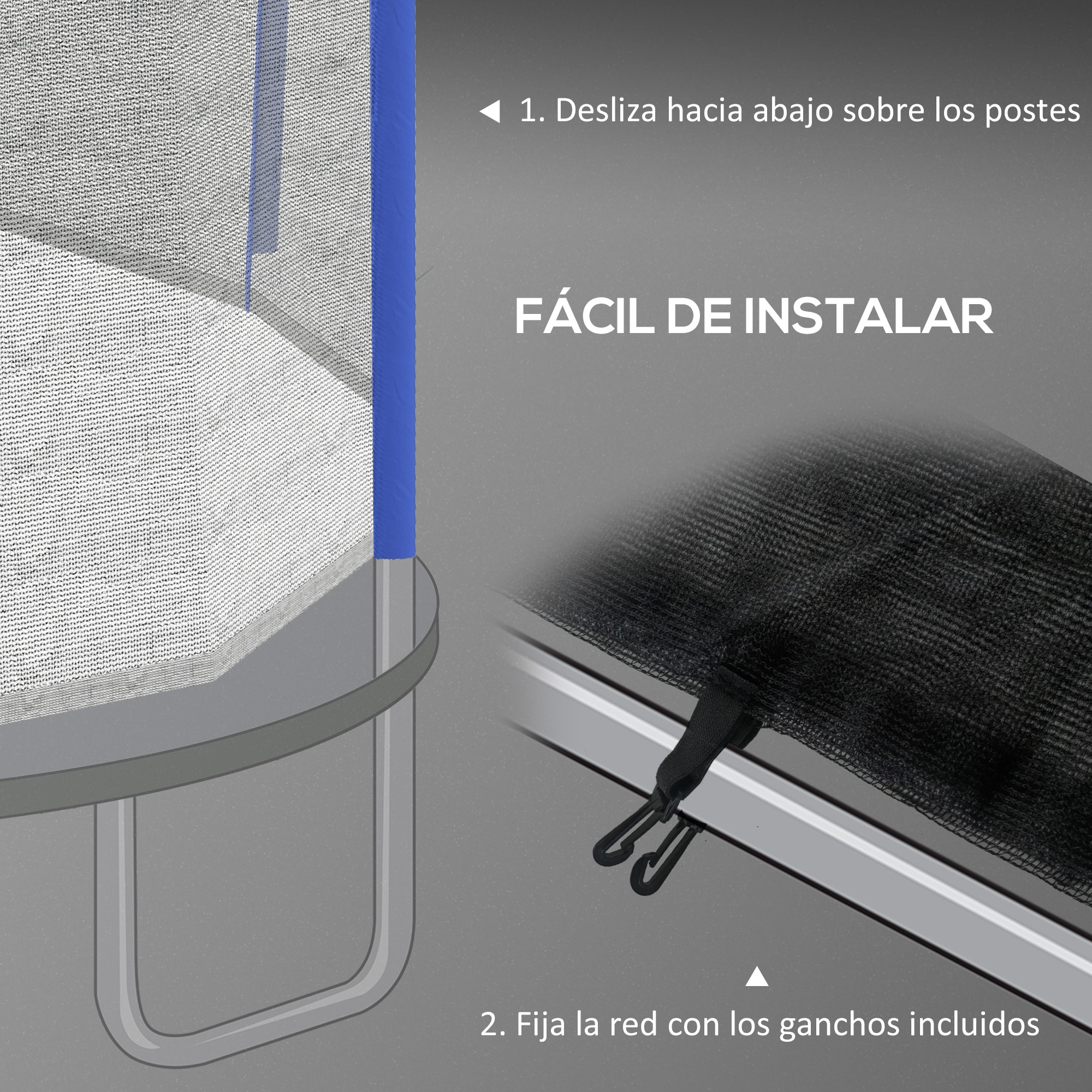 Marco de trampolín, red e instrucciones. Textos: Fácil de instalar. Desliza los postes. Fija la red con ganchos.