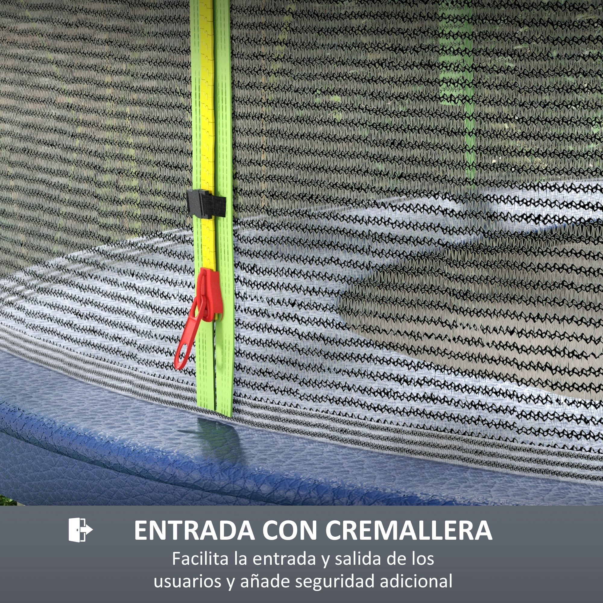 Primer plano de una red de trampolín con una correa amarilla y un clip rojo, más texto.