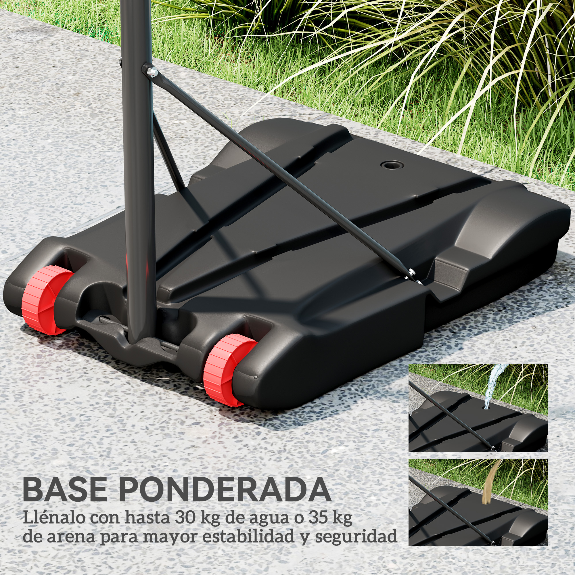 Base negra para un soporte de baloncesto con dos ruedas rojas y texto sobre estabilidad.
