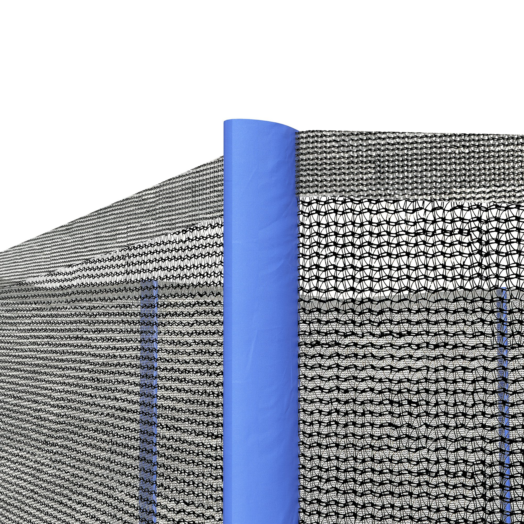 Primer plano de red de trampolín, poste de soporte azul y tela de malla negra, sobre fondo blanco.