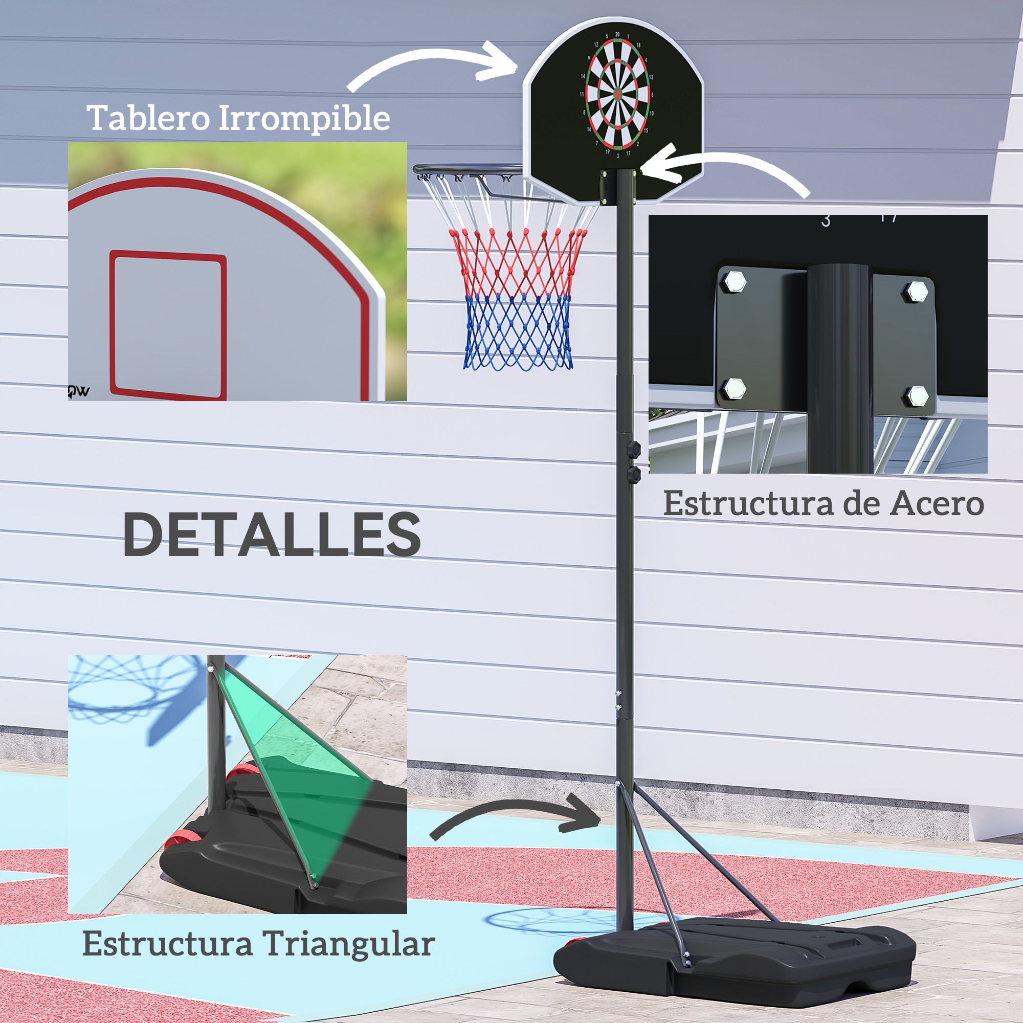 Canasta de baloncesto con diana, detalles de la estructura y fondo blanco.