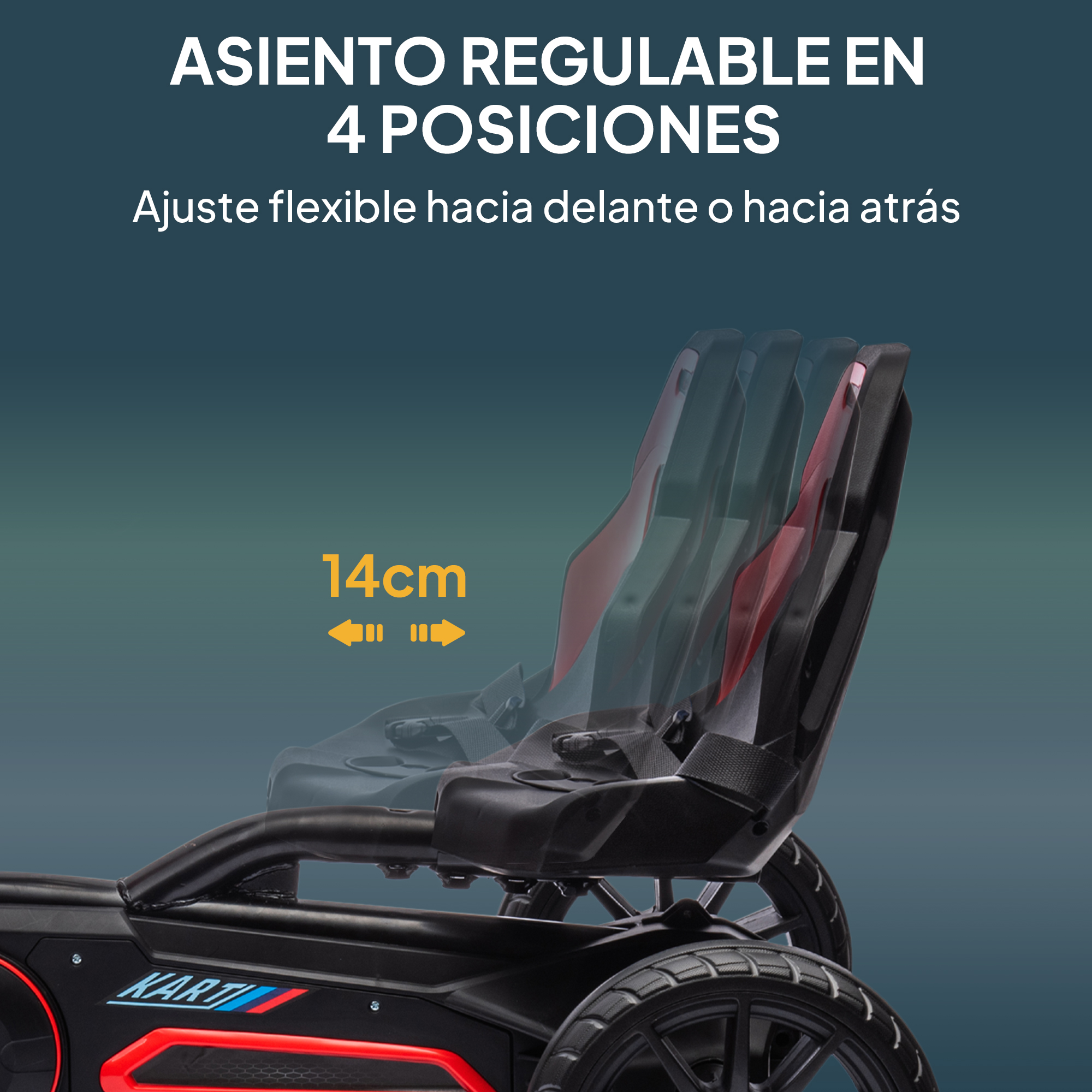 Asiento de kart negro ajustable en 4 posiciones, sobre fondo degradado azul.