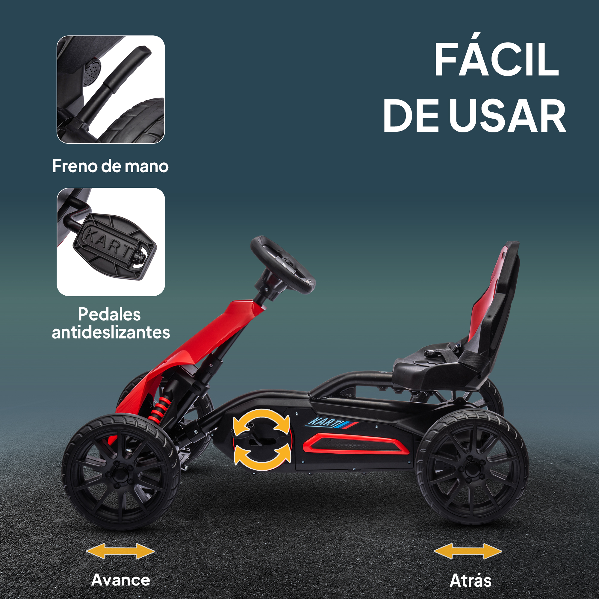 Un kart rojo y negro con un diagrama de instrucciones, sobre fondo de asfalto gris.