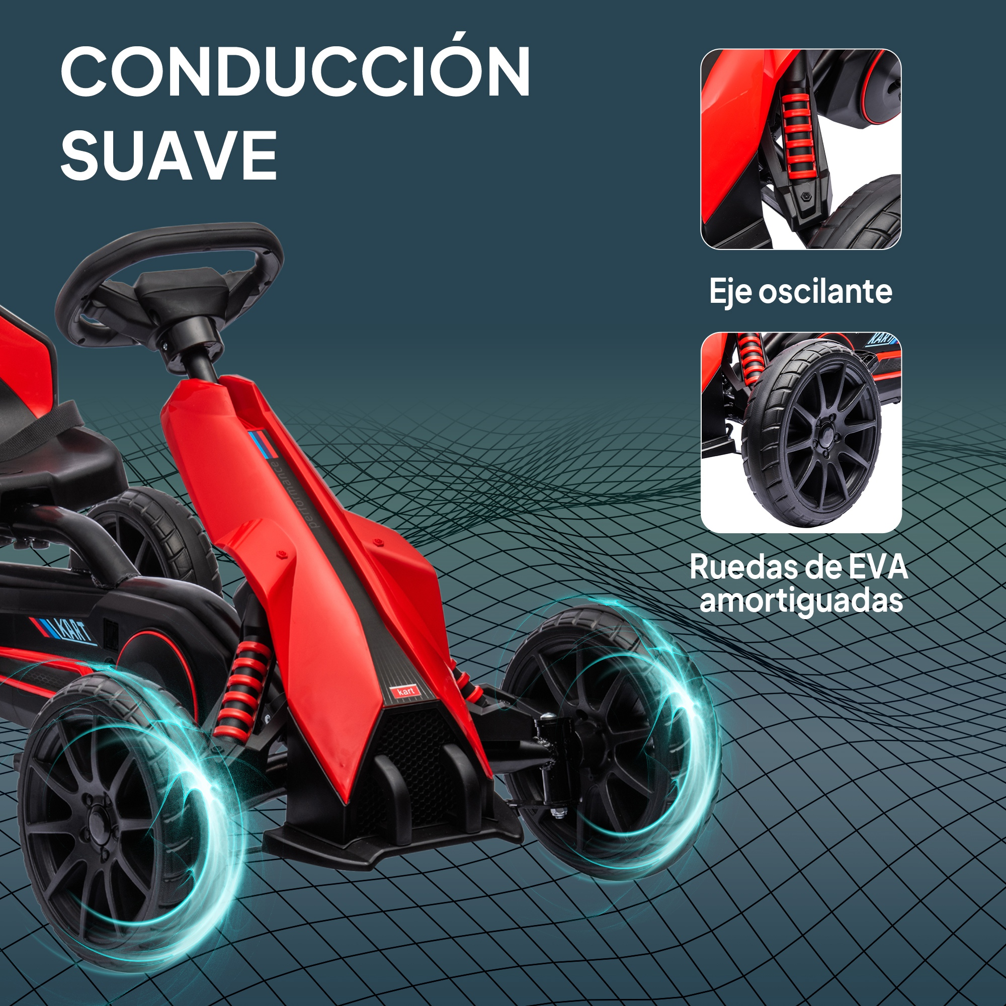 Un kart rojo y negro con primeros planos de ruedas y suspensión, sobre un fondo azul.