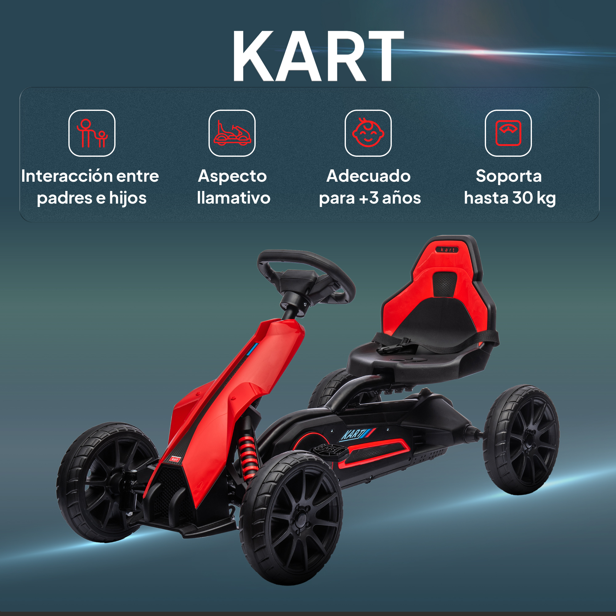 Kart rojo y negro para niños. Incluye interacción padres-hijos, diseño atractivo y adecuado para +3 años.