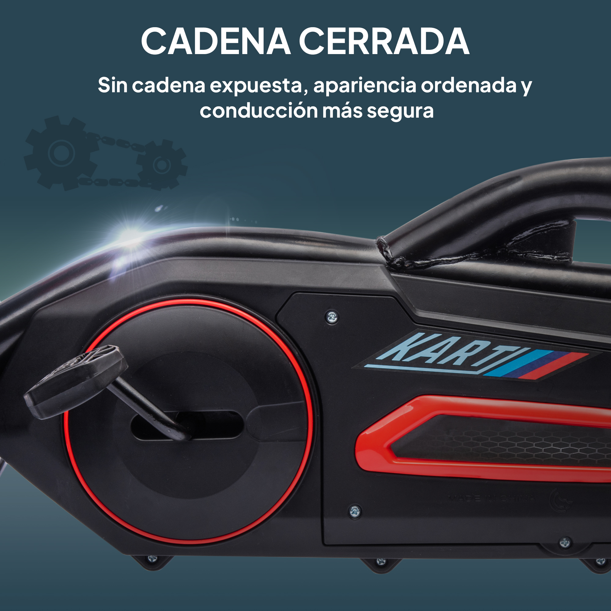Primer plano de una máquina negra y roja. Texto: cadena cerrada, conducción más segura.