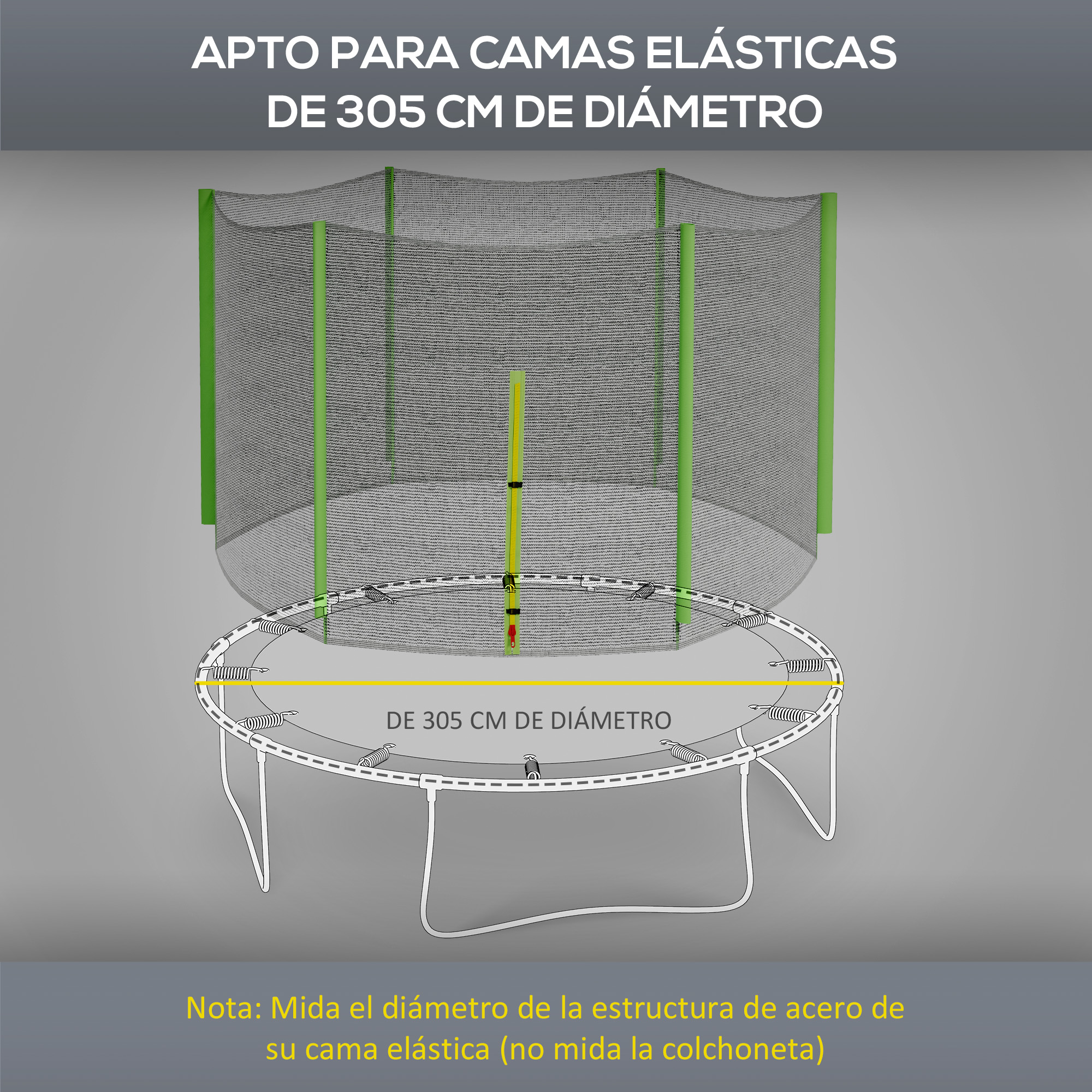 Diagrama de una cama elástica con un diámetro de 305 cm, con una nota de advertencia.