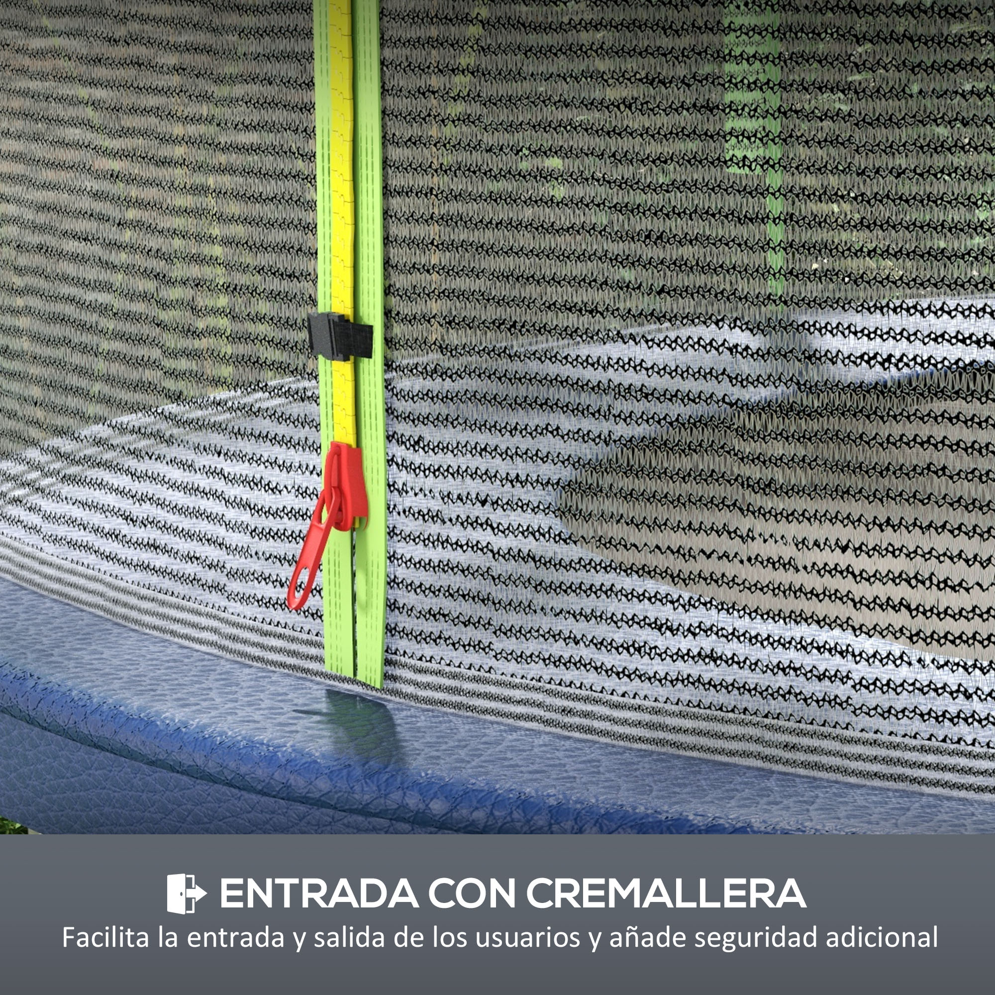 Primer plano de red de seguridad de trampolín con entrada con cremallera. Cremallera amarilla, red negra.