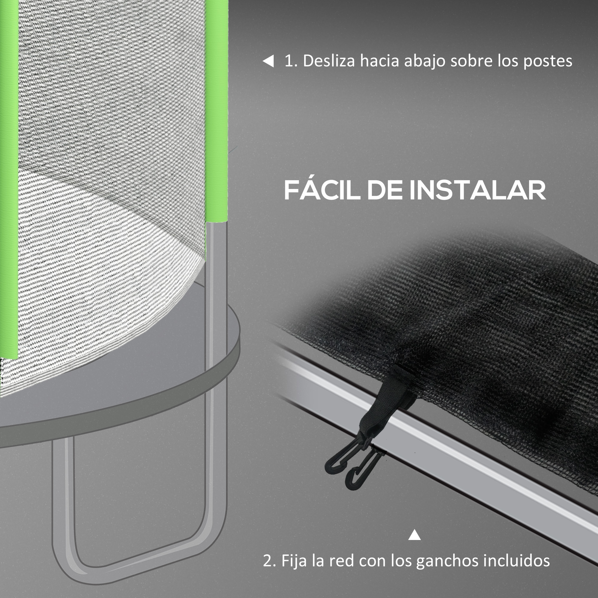 Primer plano del accesorio de la red del trampolín e instalación fácil. Incluye postes verdes y ganchos.