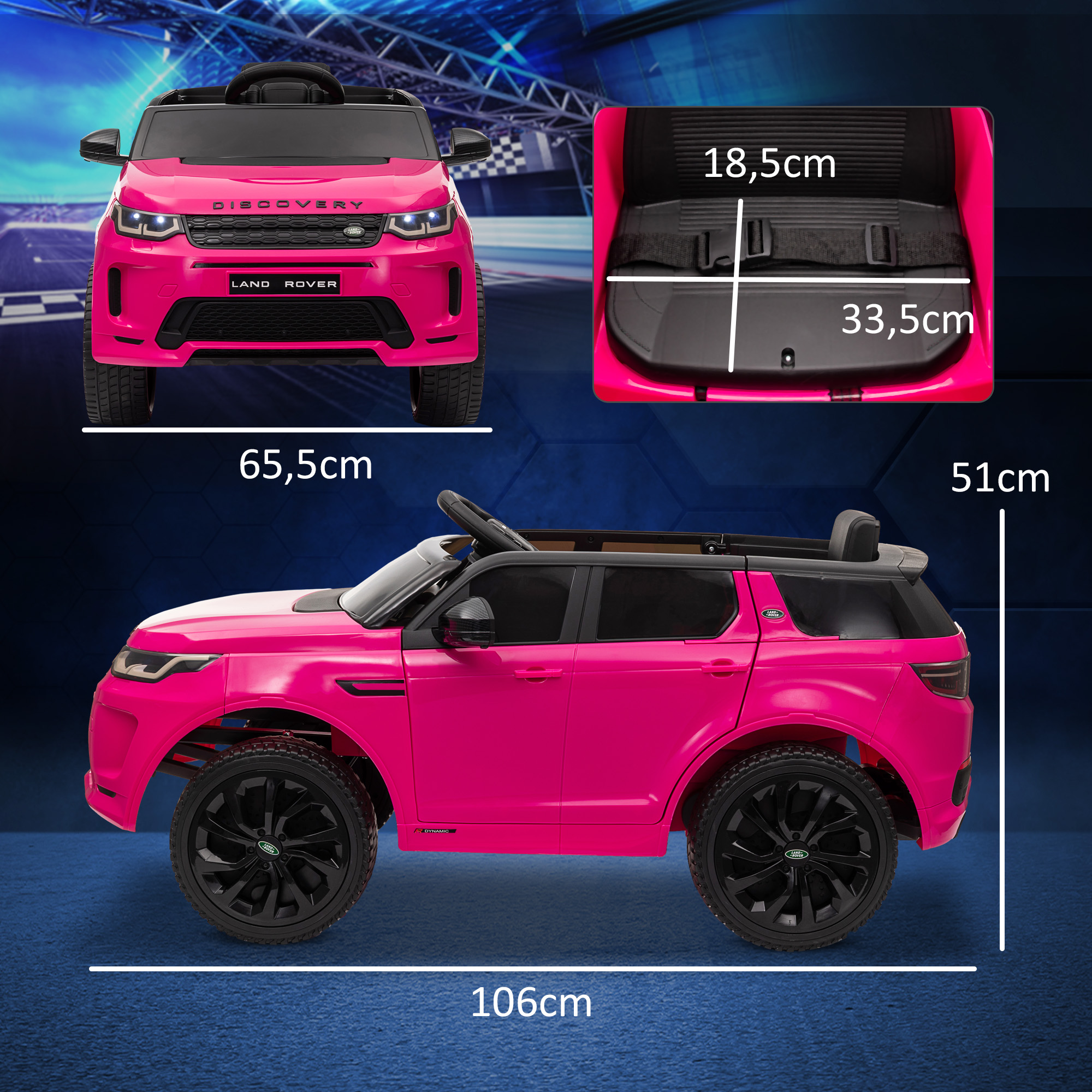 Coche de juguete rosa Land Rover Discovery, se muestran las dimensiones con vista superior del asiento.