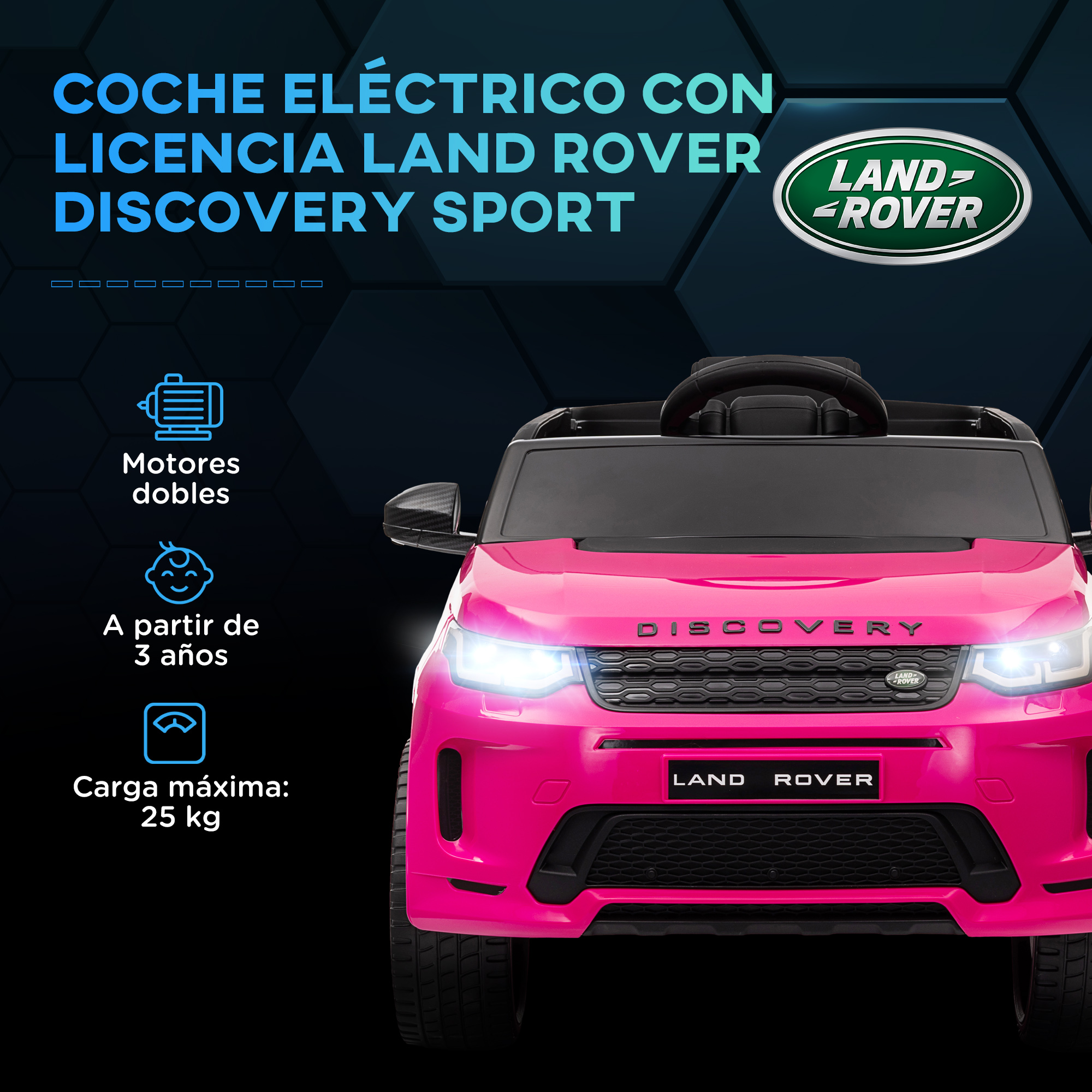 Un coche eléctrico rosa de juguete con marca Land Rover. Incluye especificaciones y logo.