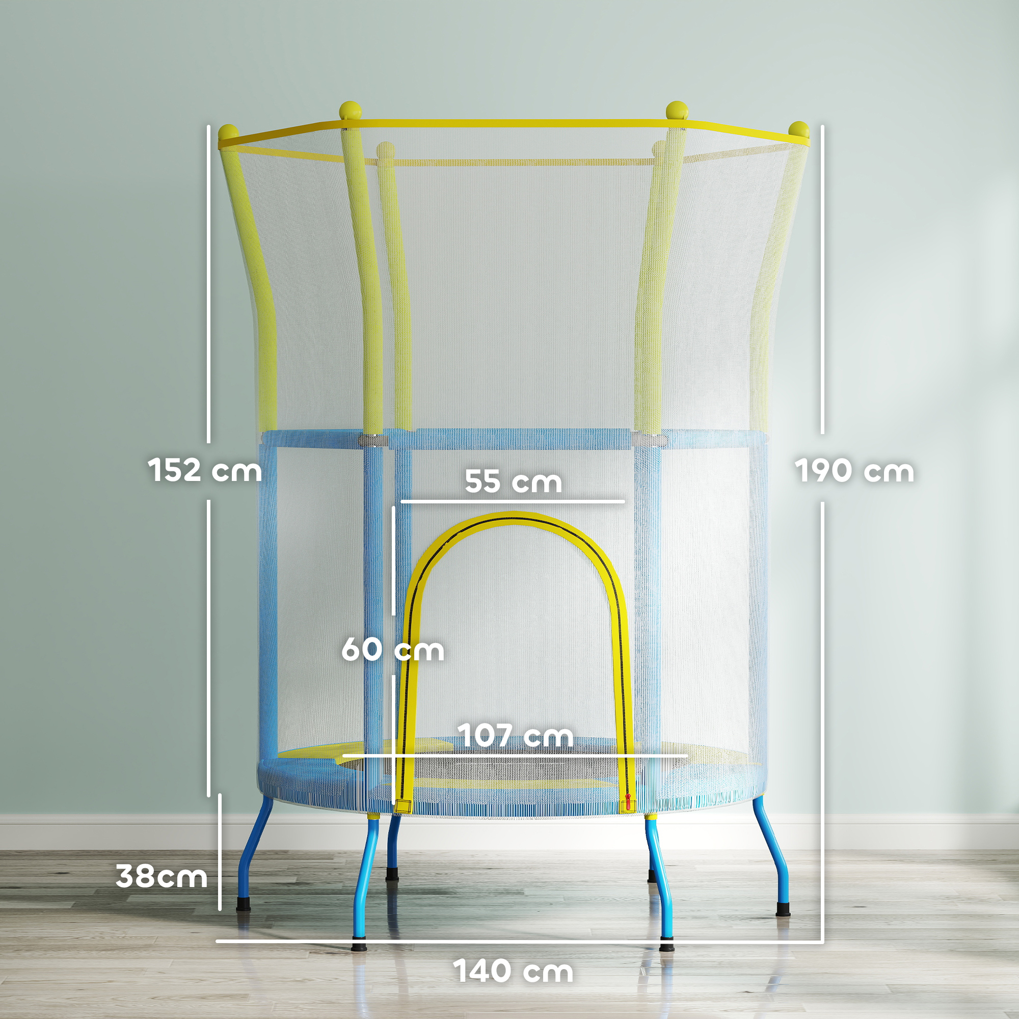 Trampolín azul y amarillo con medidas. Cuenta con red de seguridad y entrada con cremallera.