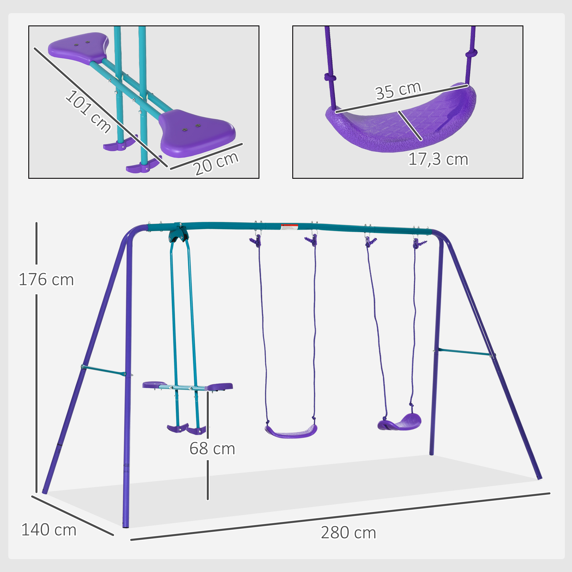 Un columpio azul, morado y turquesa con dimensiones etiquetadas, sobre un fondo claro.