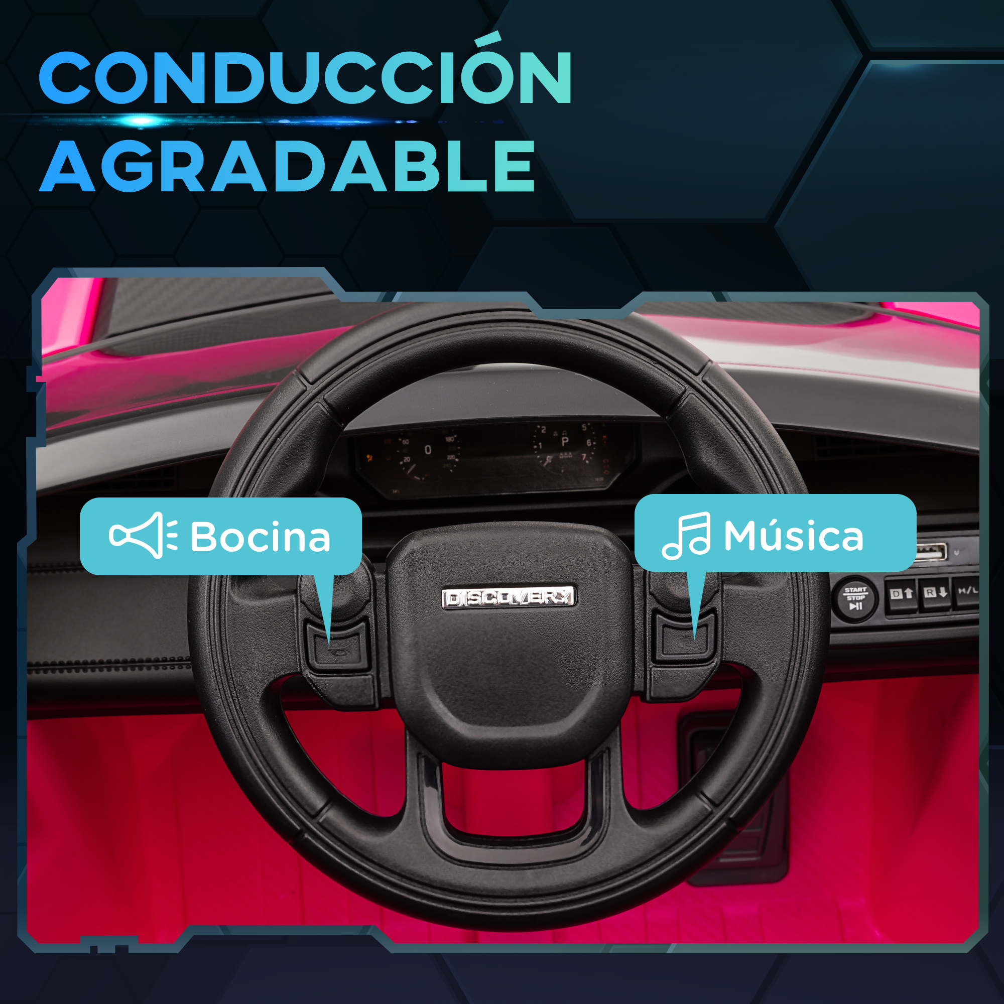 Salpicadero de un coche de juguete con bocina y botón de música, interior rosa.