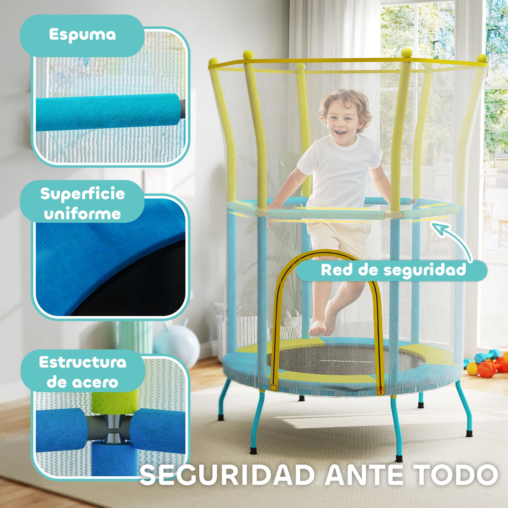 Un niño saltando en una cama elástica azul y amarilla con red de seguridad. Hay diagramas con texto en español.