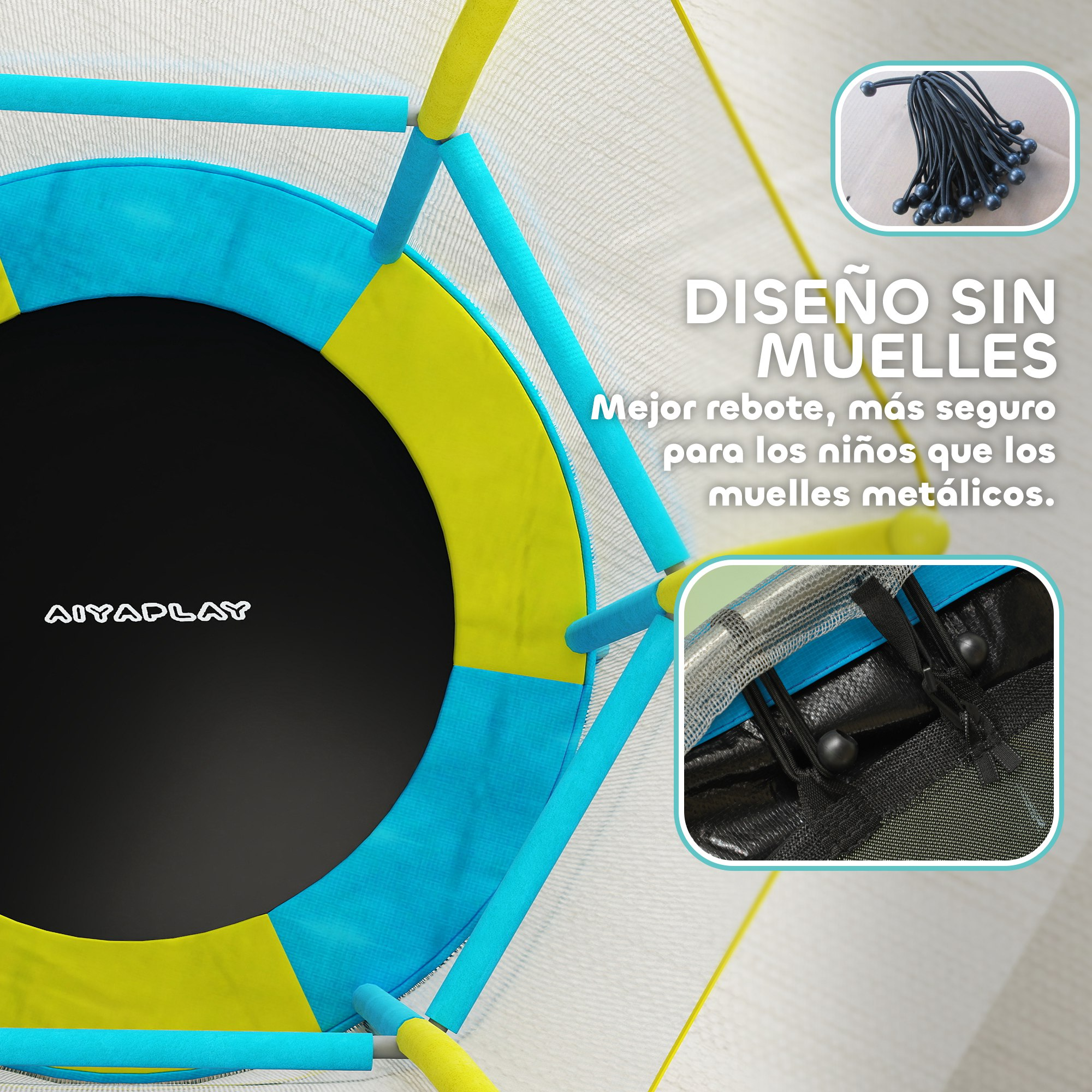 Un trampolín colorido con un diseño azul, amarillo y negro.