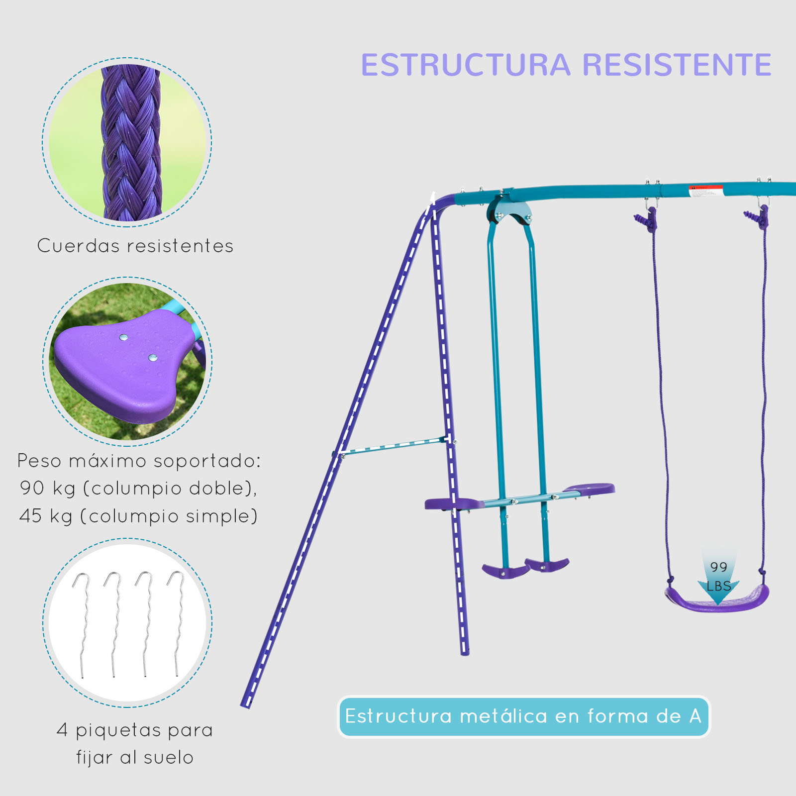 Un columpio con elementos morados y azules, y un marco metálico en A.