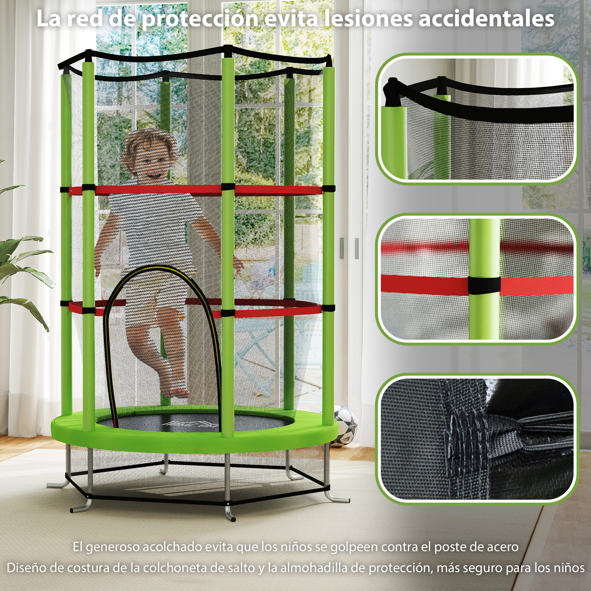 Un niño salta dentro de un trampolín con marco verde. El texto promueve la prevención de lesiones por el poste de acero.