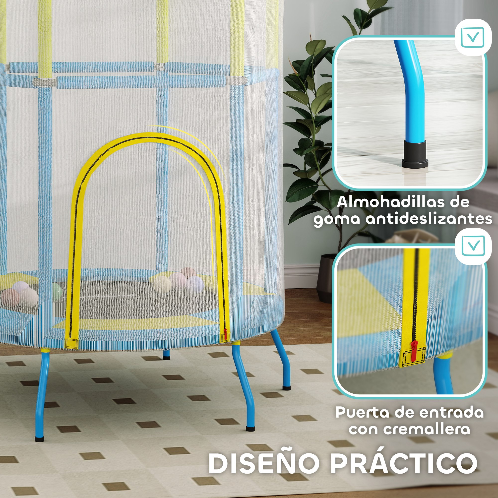 Un trampolín azul y amarillo con red de seguridad y entrada con cremallera. Hay pelotas dentro.