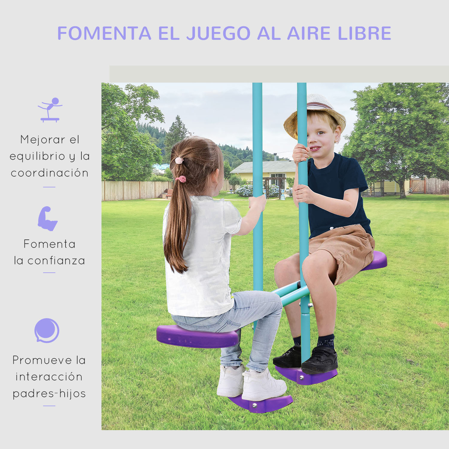 Dos niños en un columpio azul. El texto promueve el equilibrio, la coordinación, la confianza y la interacción padres-hijos.