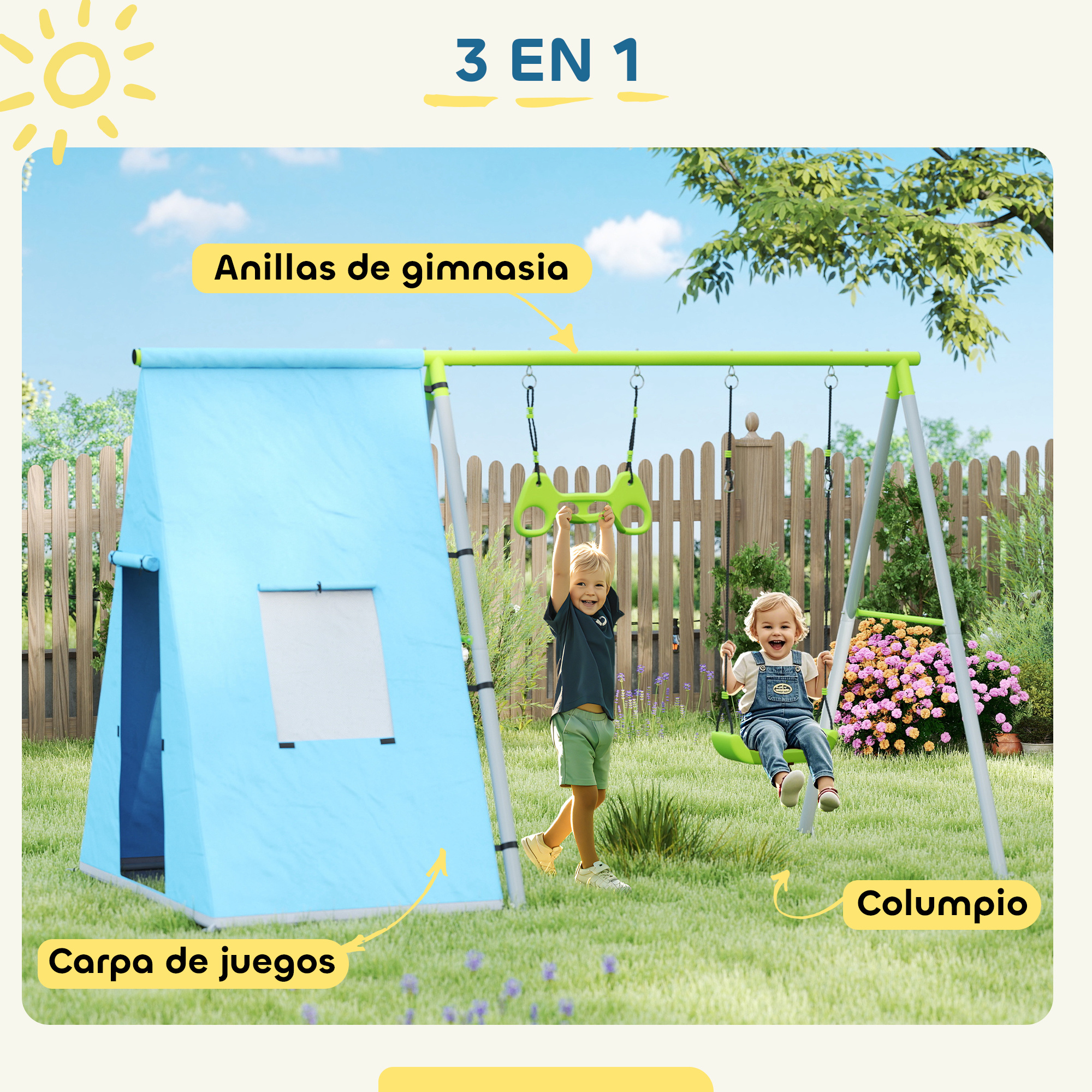 Niños jugando en un columpio con una casita azul y aros de gimnasia.