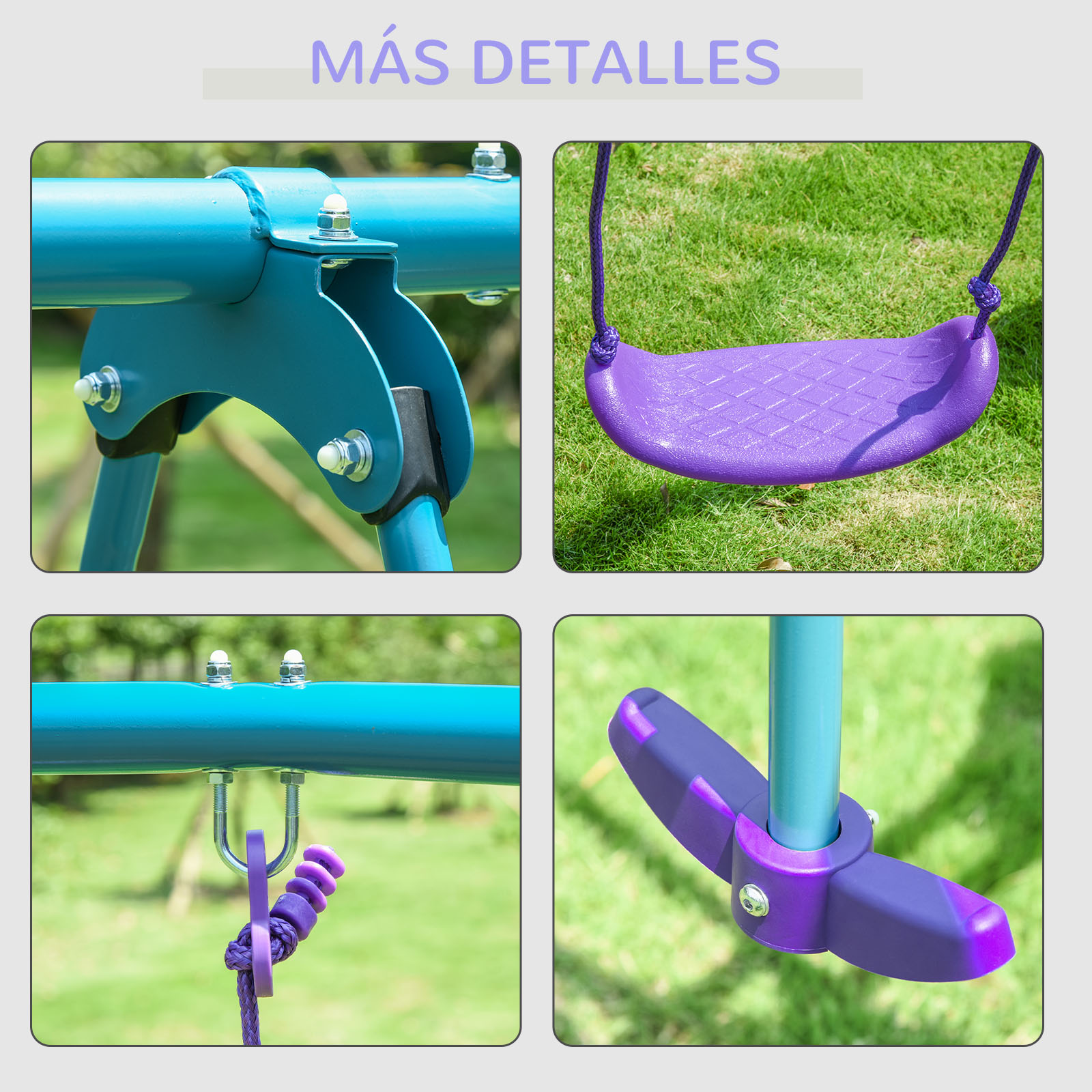 Primeros planos de un columpio: asiento morado, uniones metálicas y cuerdas.