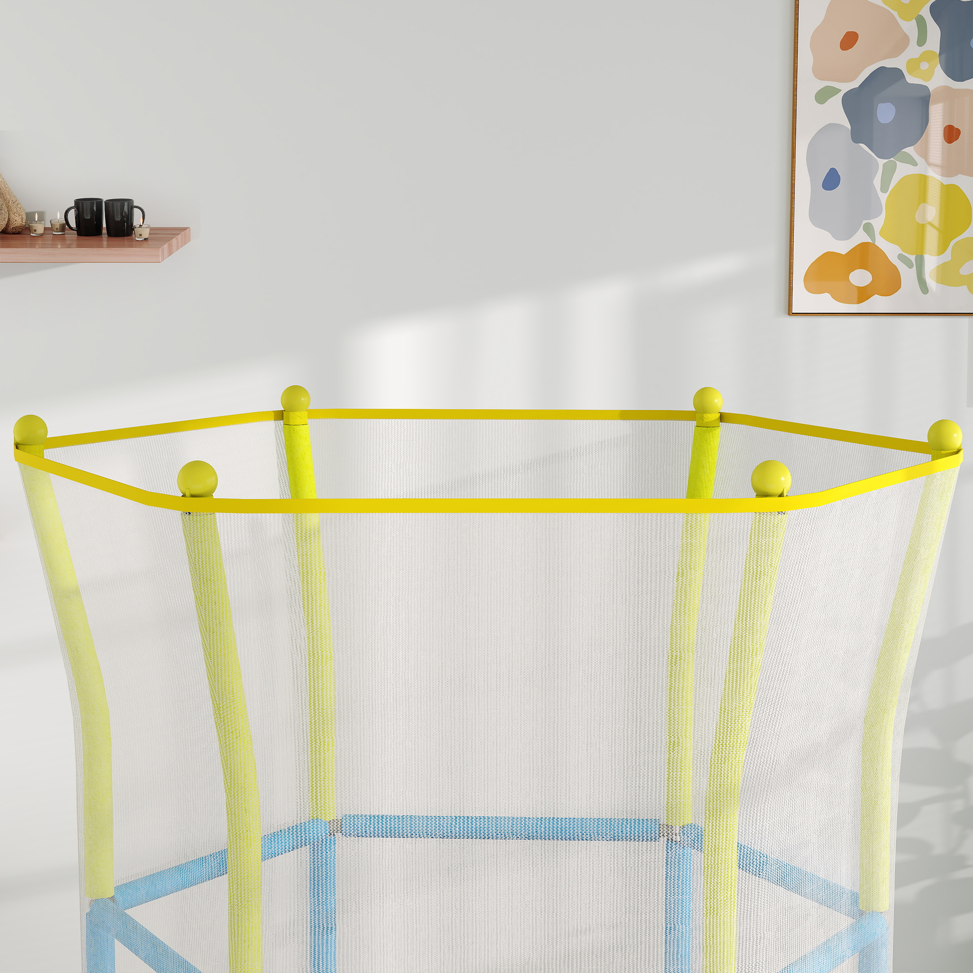 Parte superior de una red de seguridad de trampolín, con barras amarillas y azules y una red blanca.