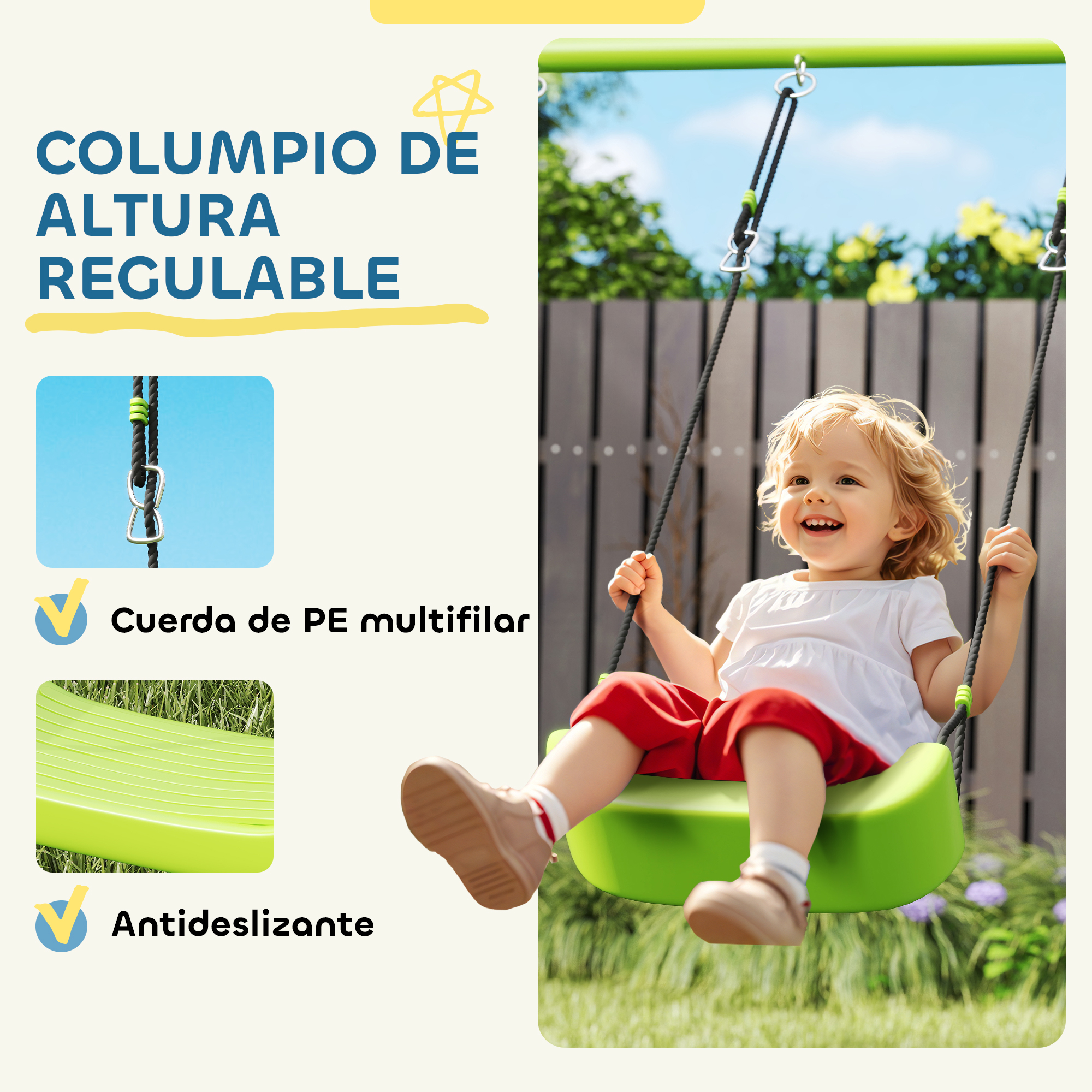 Una niña sonríe mientras se balancea en un columpio verde.