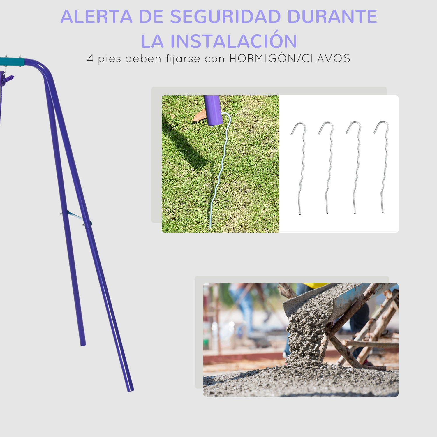 Imagen que muestra la instalación de un columpio y instrucciones de seguridad.