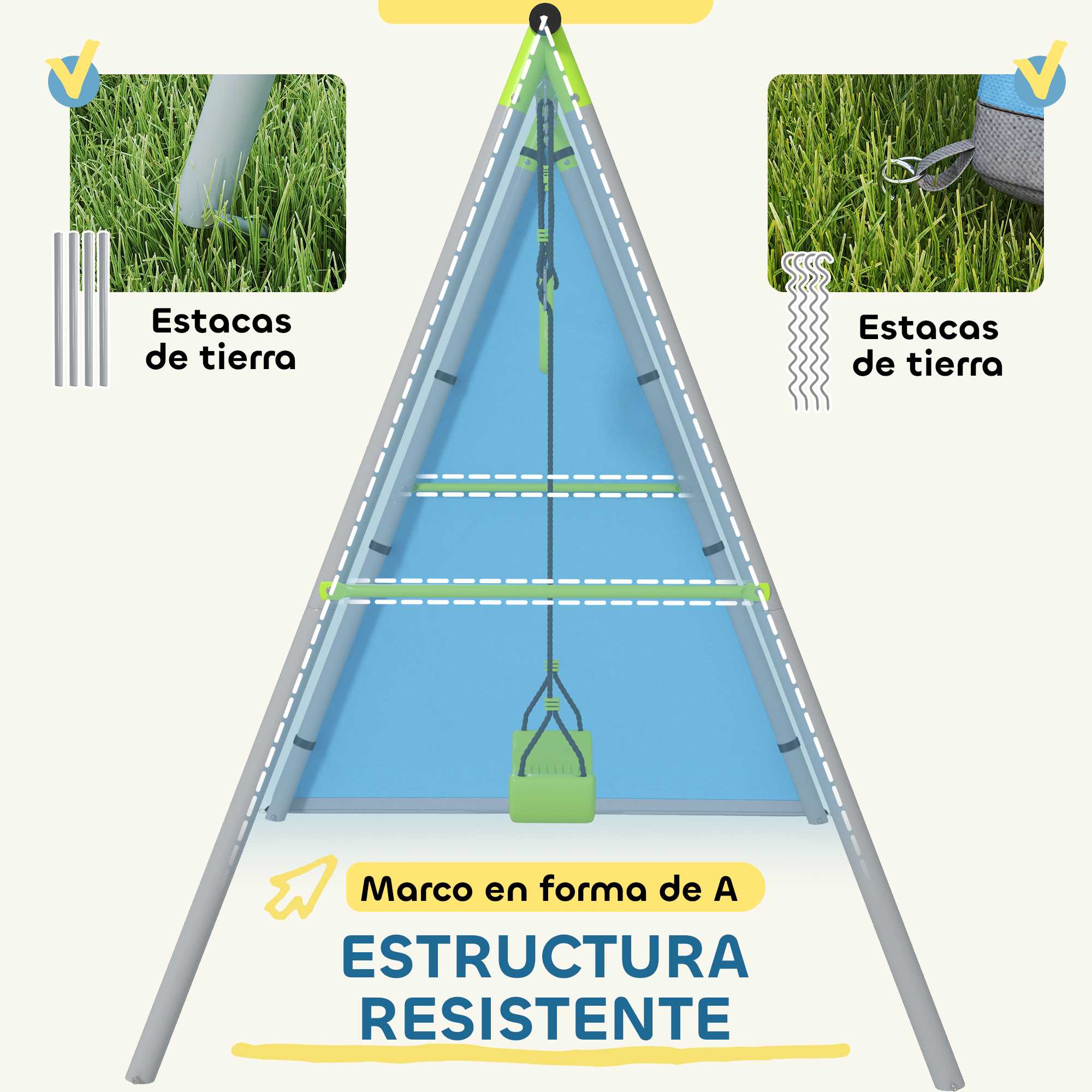Columpio con estructura en A y asiento verde. Estacas aseguran al suelo.