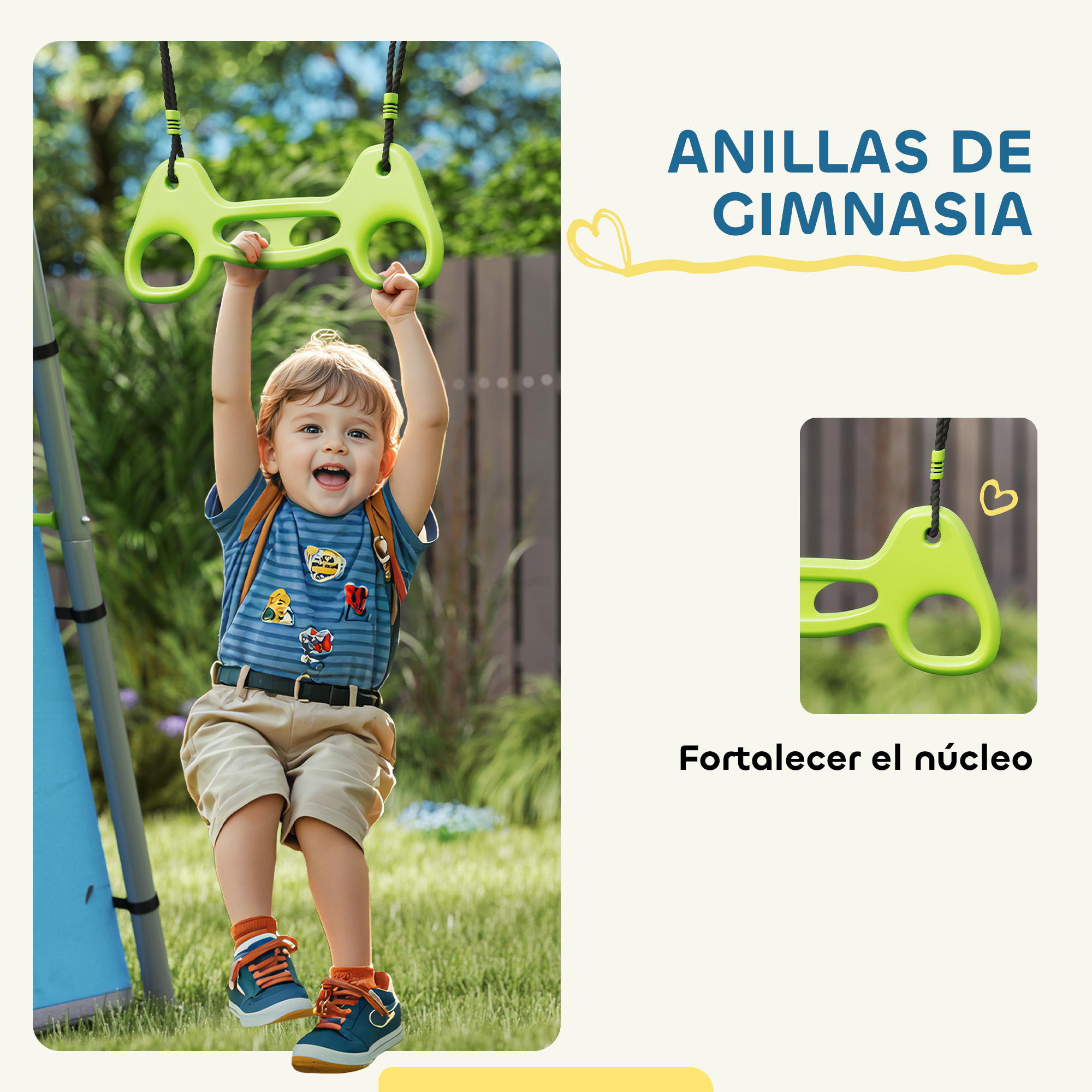 Un niño pequeño colgando de anillas de gimnasia verdes.