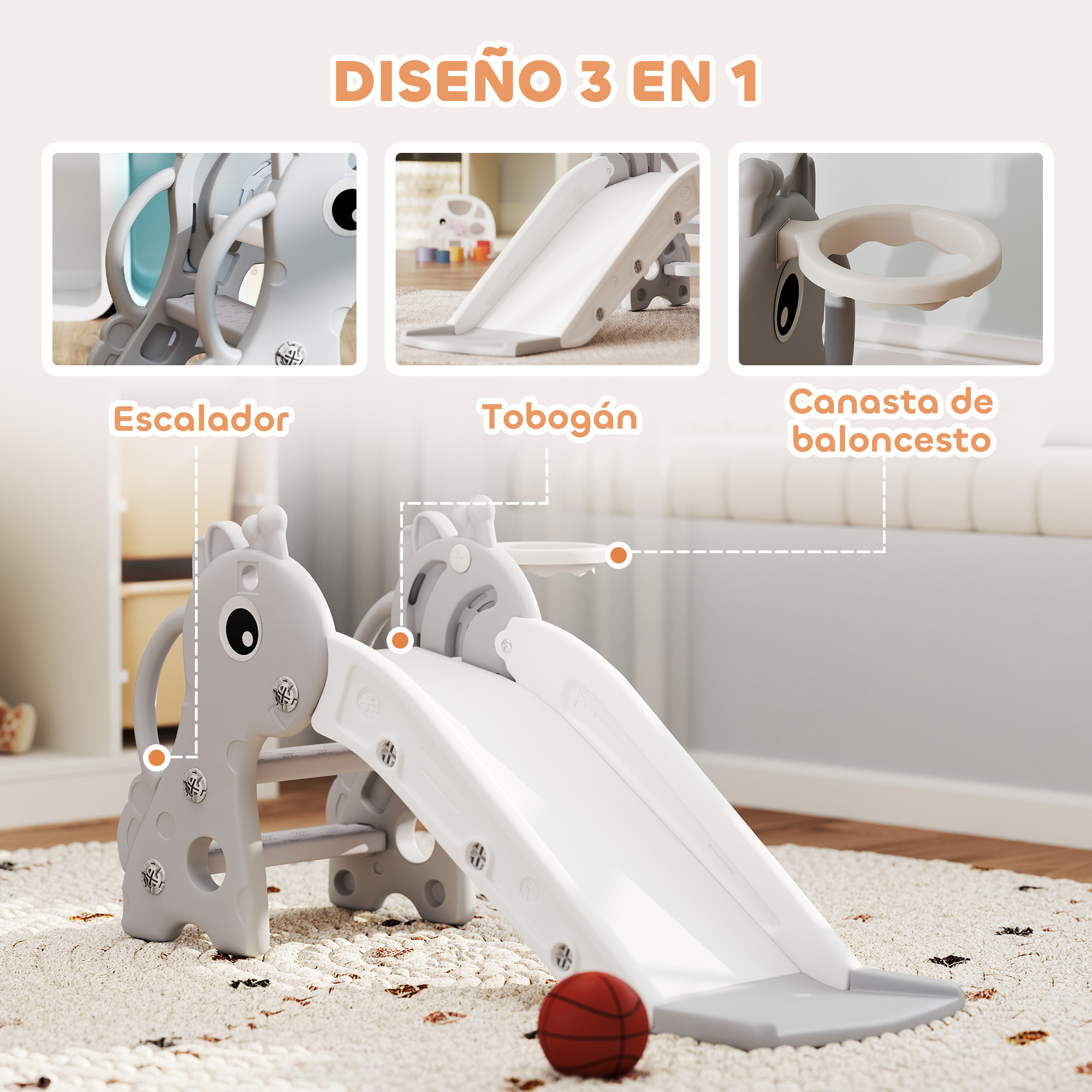 Un juego de juego multifuncional gris con un tobogán, un escalador y un aro de baloncesto en una sala de juegos infantil con una alfombra.