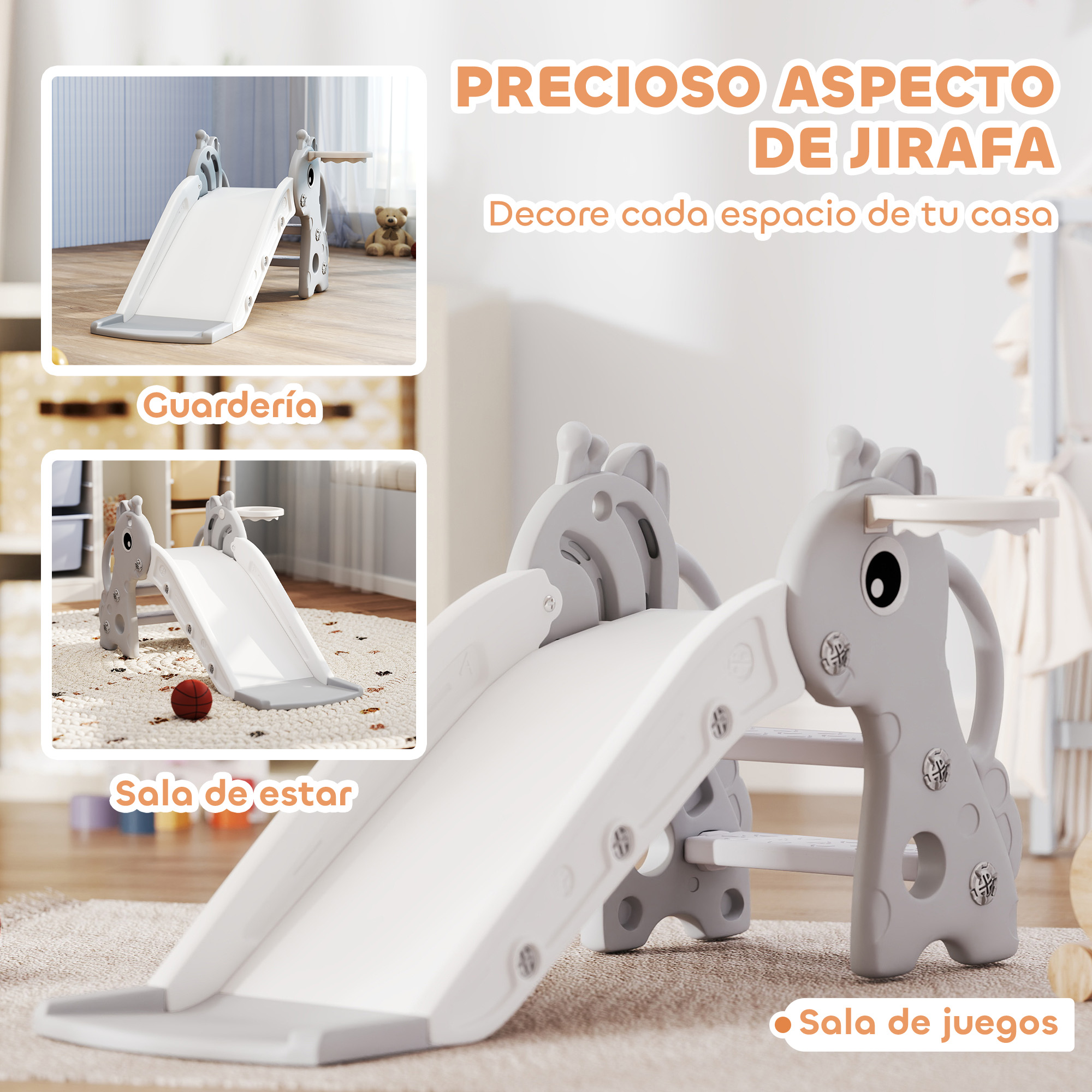 Un juego de juego gris con tema de jirafa con un tobogán y un escalador en diferentes habitaciones. También hay un aro de baloncesto.