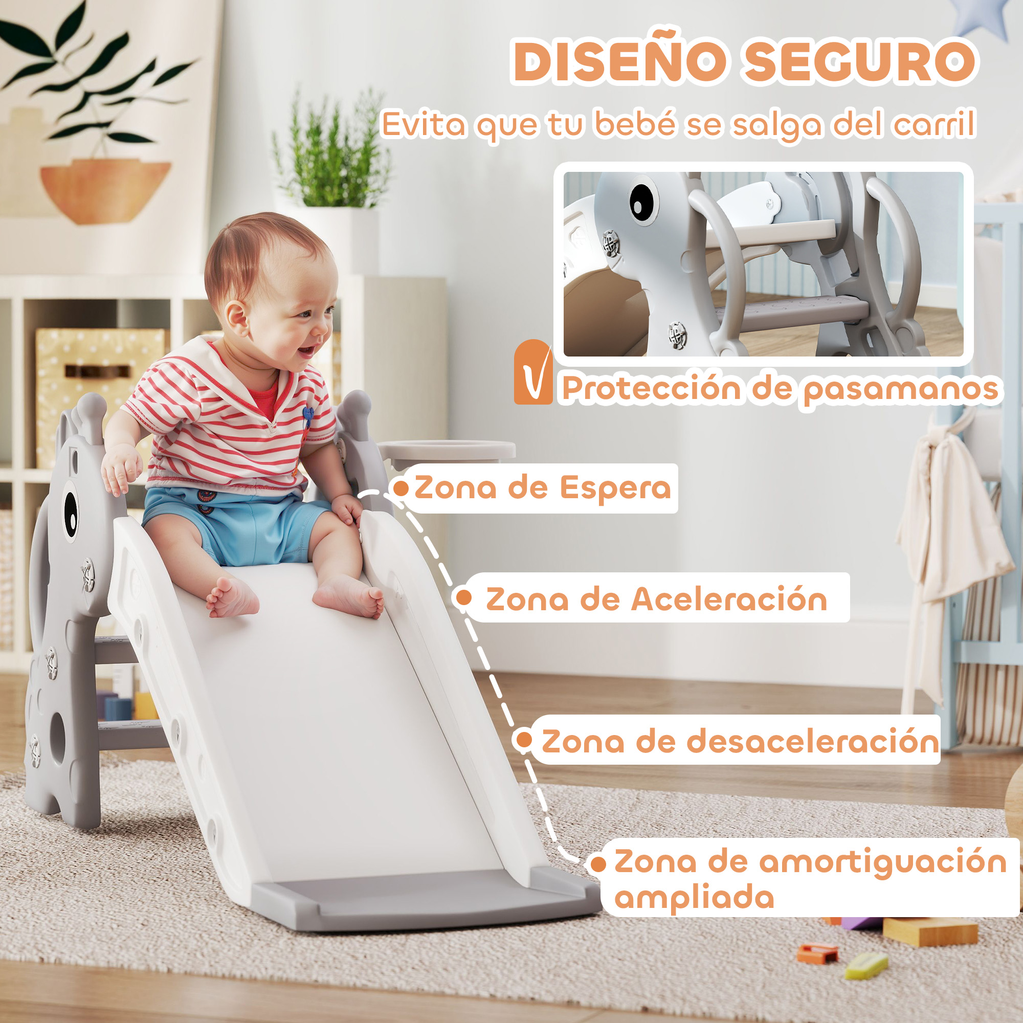 Un bebé sentado en un tobogán blanco y gris con una cara sonriente.