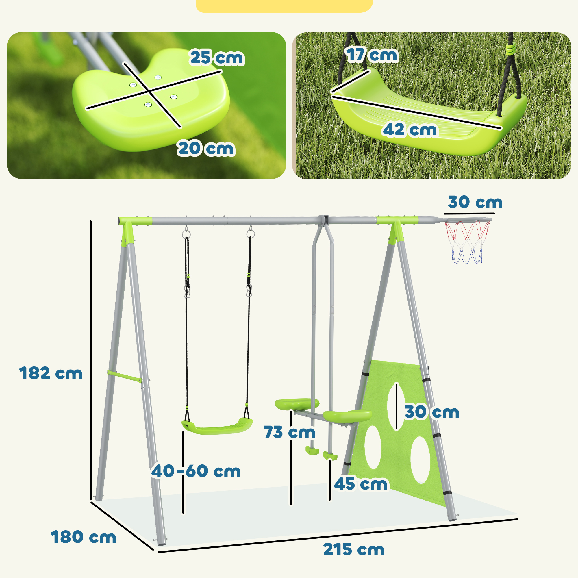 Un columpio verde con medidas, incluyendo asiento y dimensiones del marco.