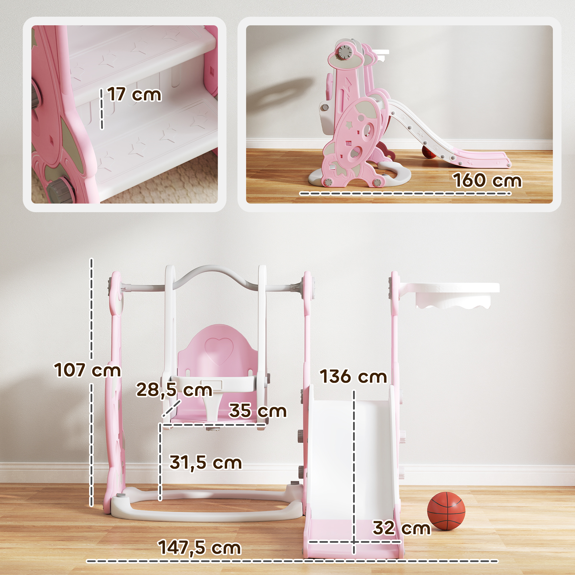 Un juego infantil rosa con columpio, tobogán y escaleras, con dimensiones en centímetros.