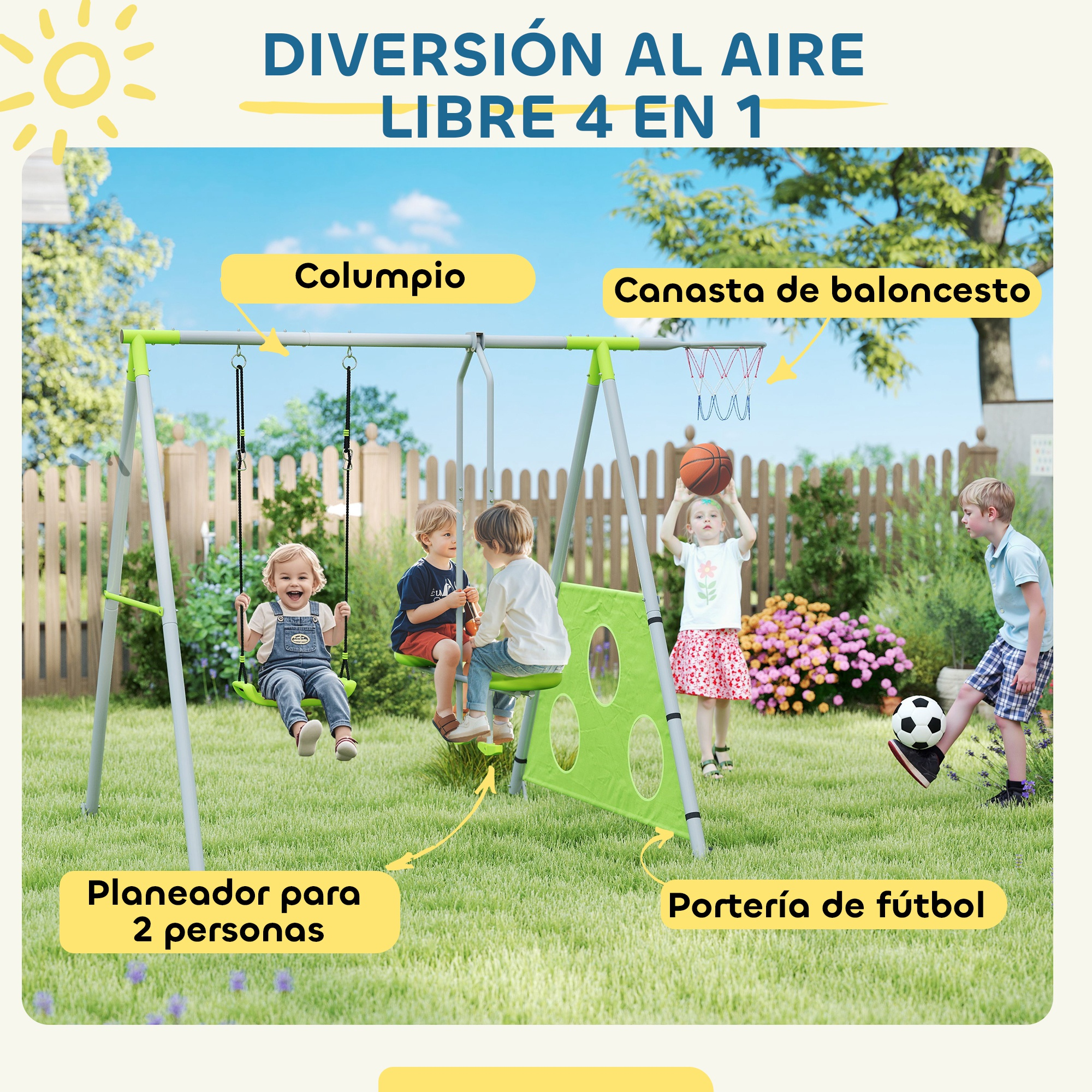 Niños jugando con un columpio con columpio, tobogán y portería de fútbol. También hay un aro de baloncesto.