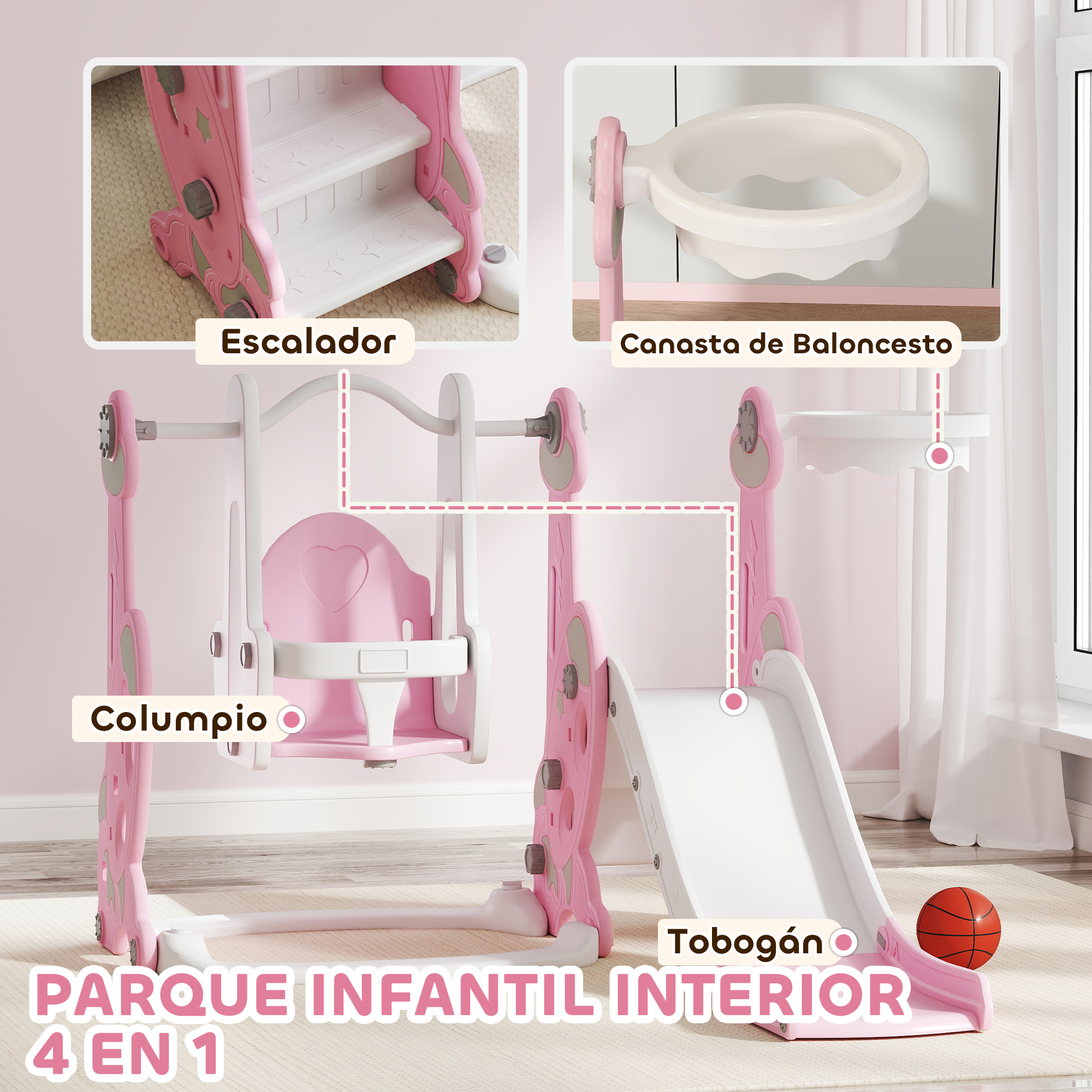Un juego de parque infantil rosa con columpio, tobogán, aro de baloncesto y escaleras.