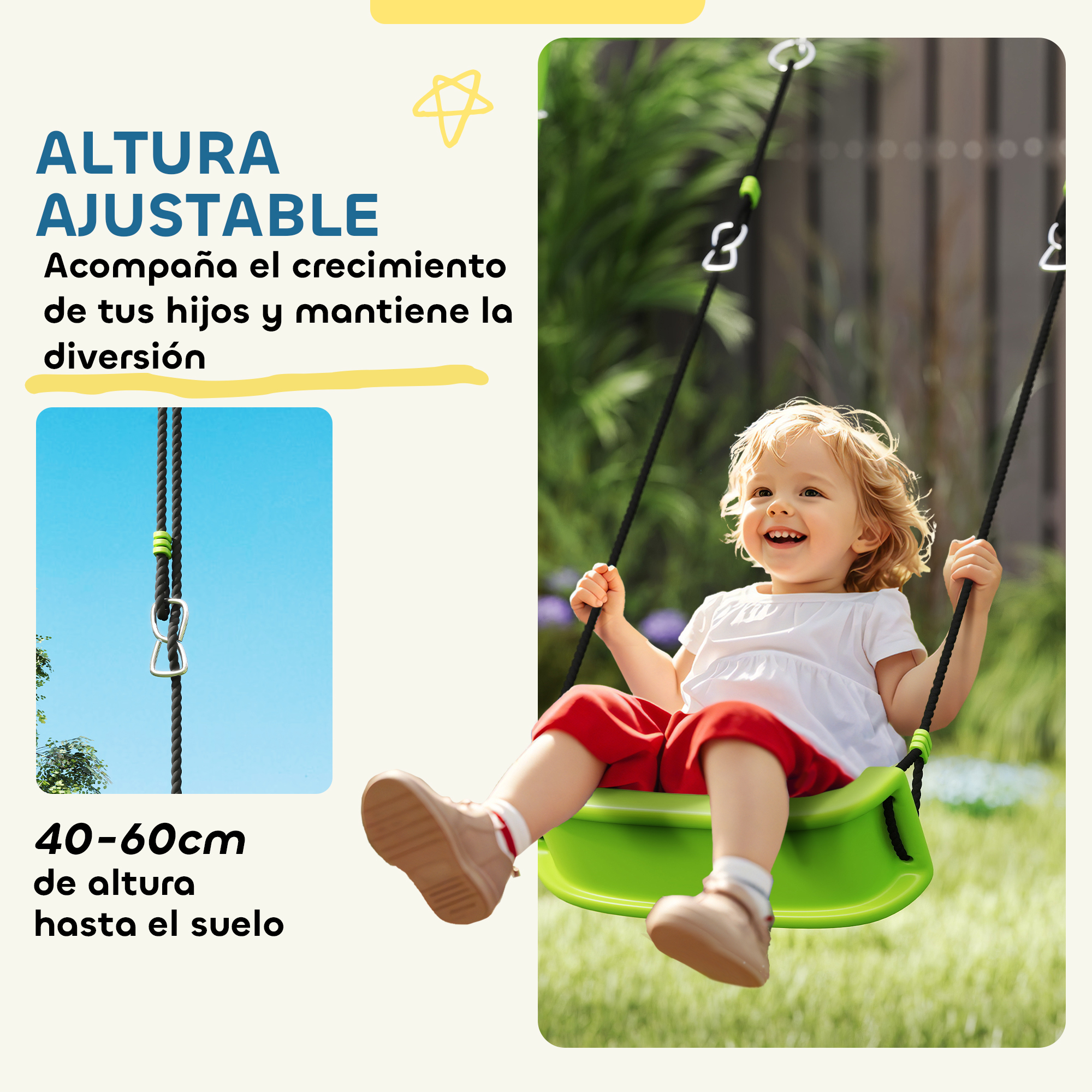 Una niña columpiándose en un columpio verde, altura ajustable. Cielo azul de fondo.