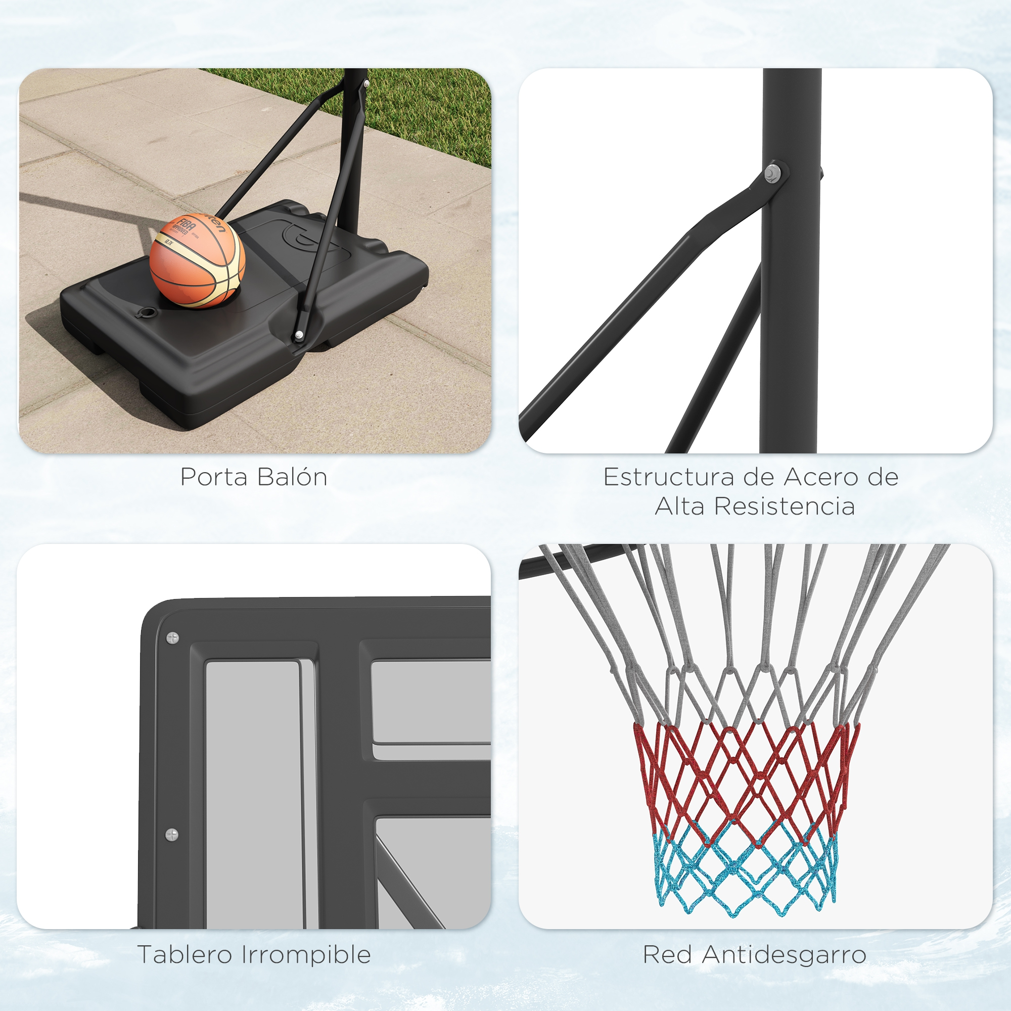 Cuatro imágenes de primer plano de un tablero y aro de baloncesto, con etiquetas en español.