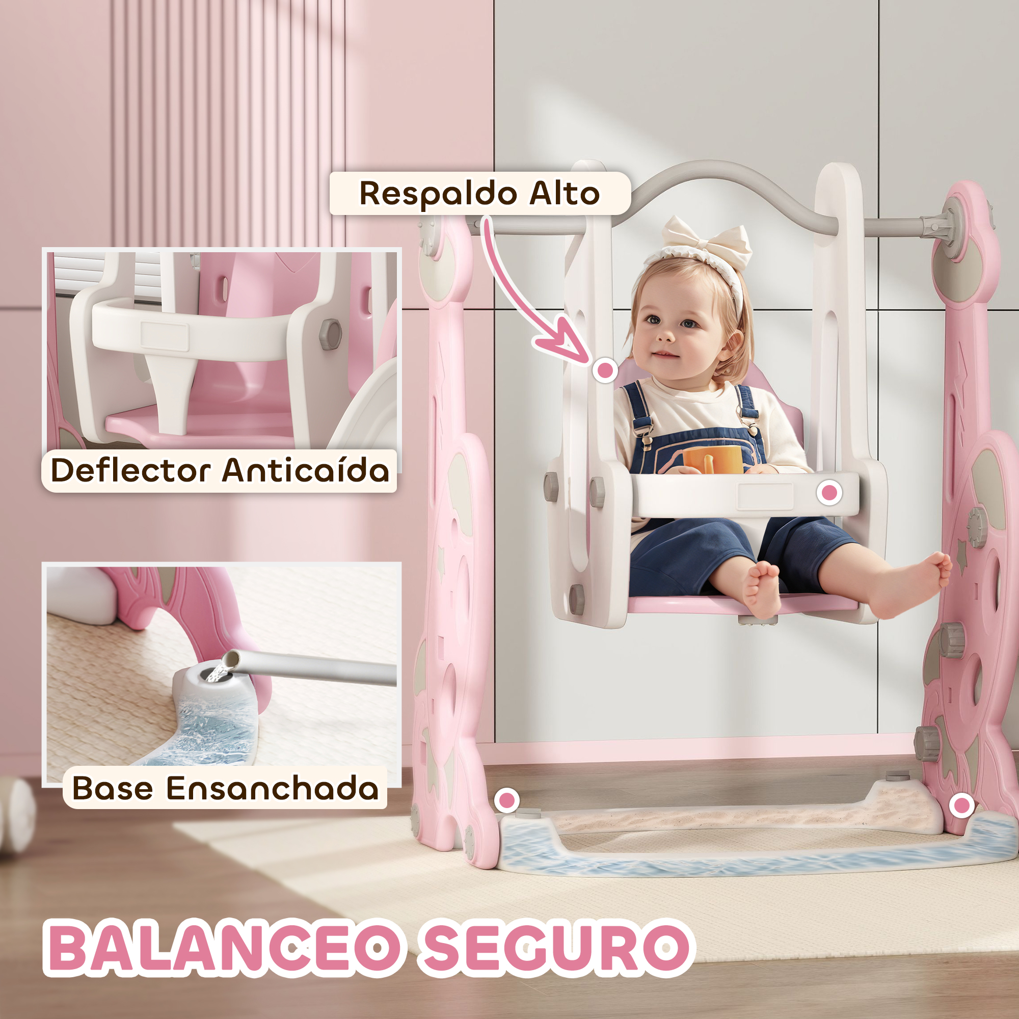 Un bebé sentado en un columpio rosa con respaldo alto y un deflector.