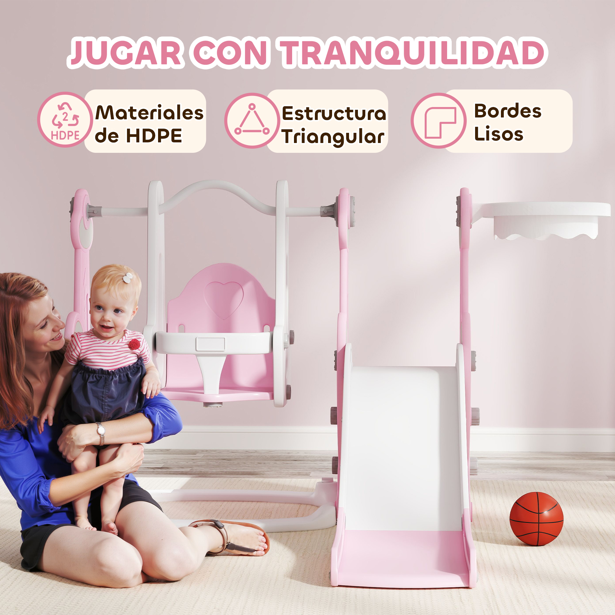 Un parque infantil rosa con tobogán y columpio para niños.