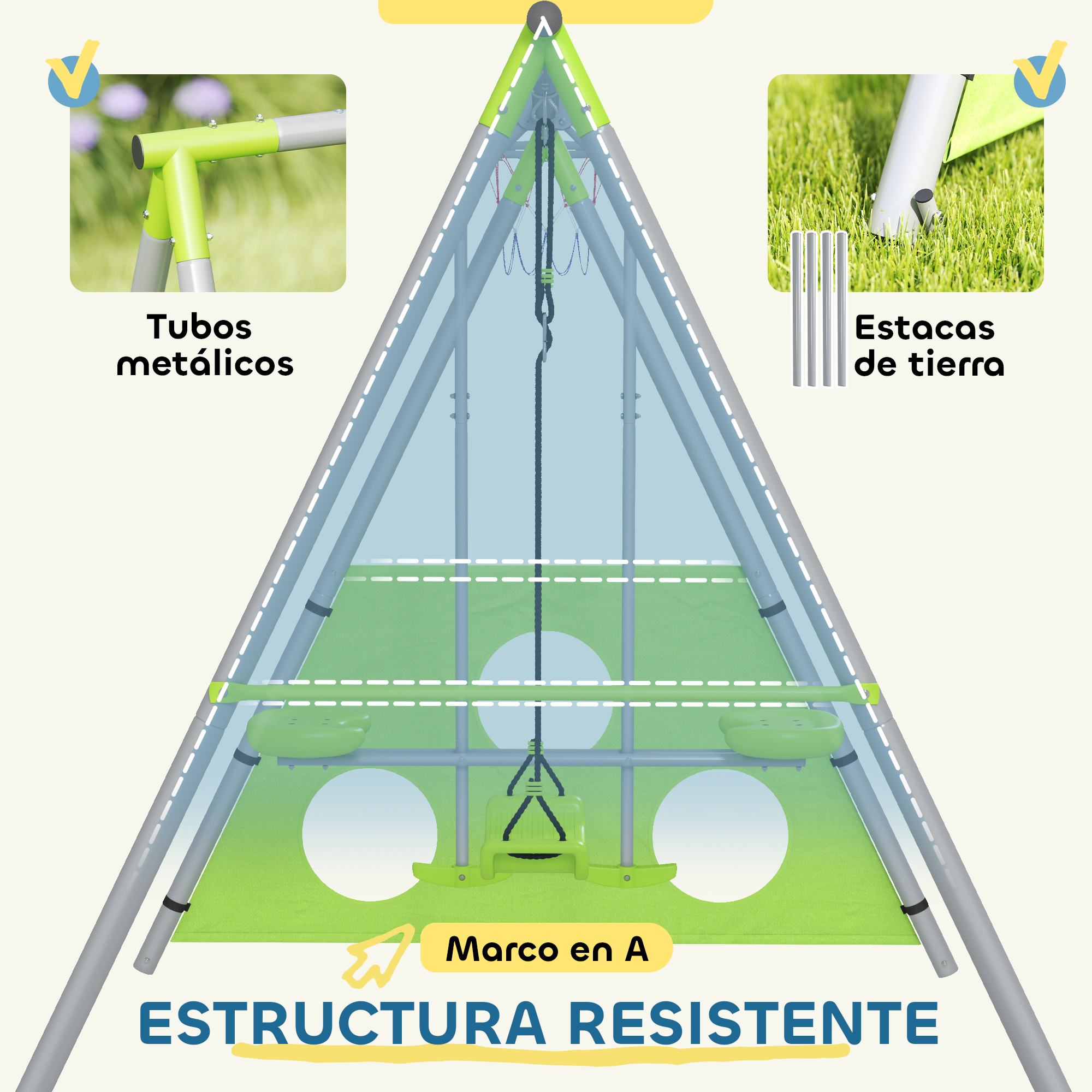 Diagrama de un columpio con tubos metálicos, estacas de tierra y una estructura en forma de A. Los asientos del columpio.