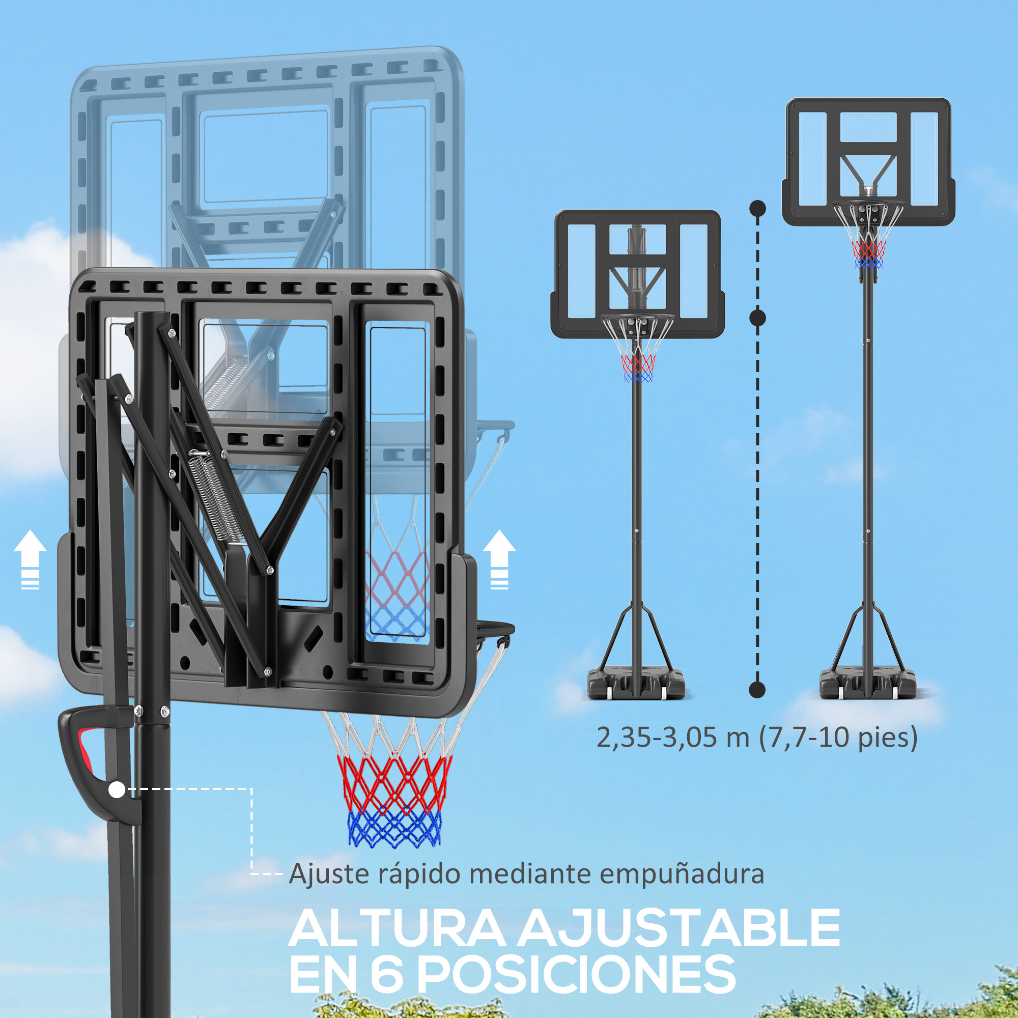 Un aro de baloncesto con altura ajustable y marco negro. Cielo azul de fondo.