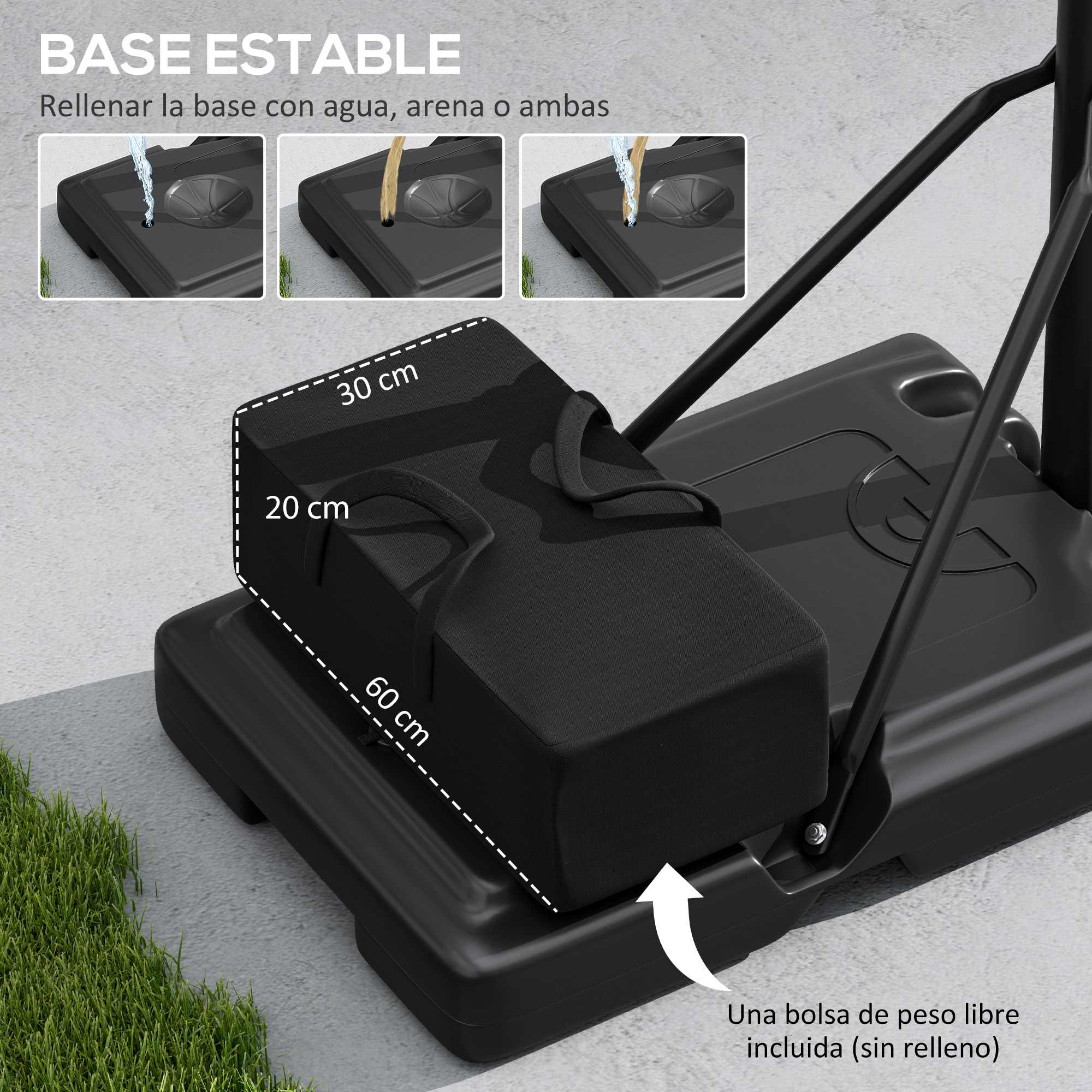 Base de soporte de baloncesto negro. La base se puede llenar con agua o arena. Se muestran las dimensiones.