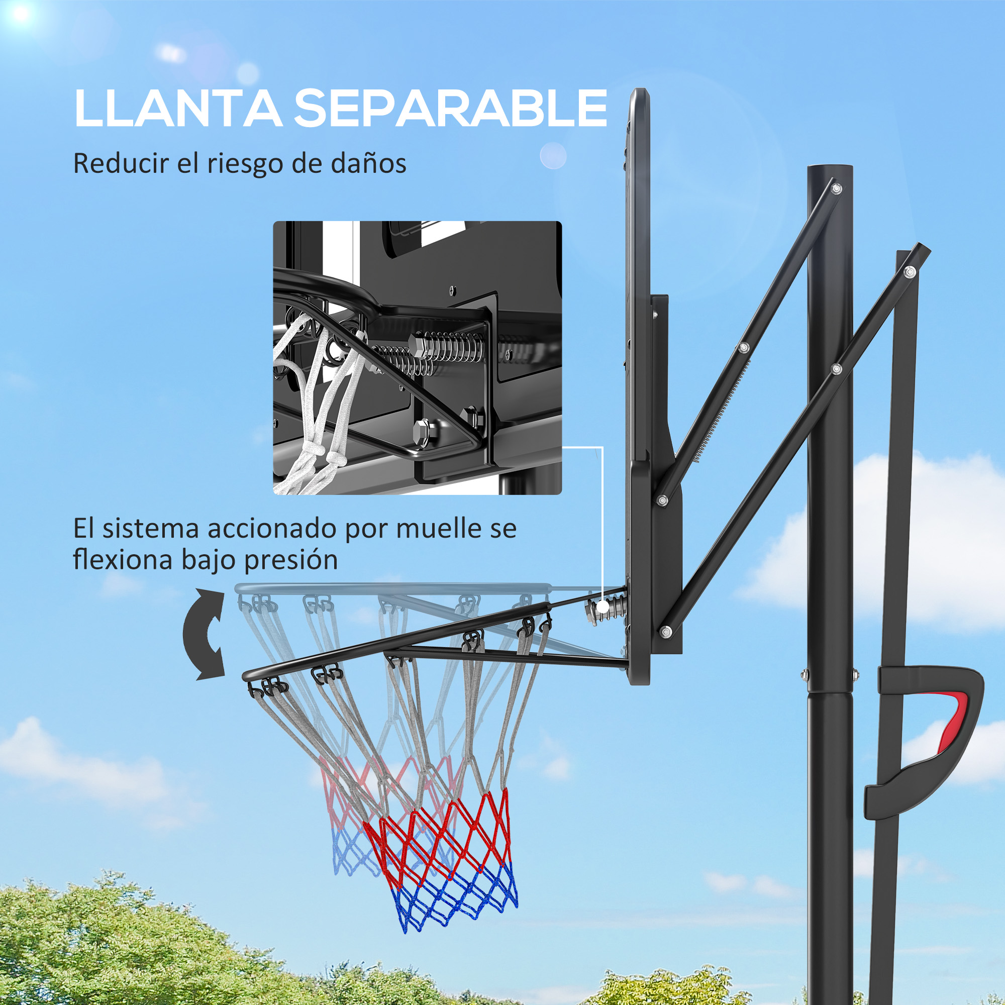 Un aro de baloncesto con texto en español, contra un cielo azul.