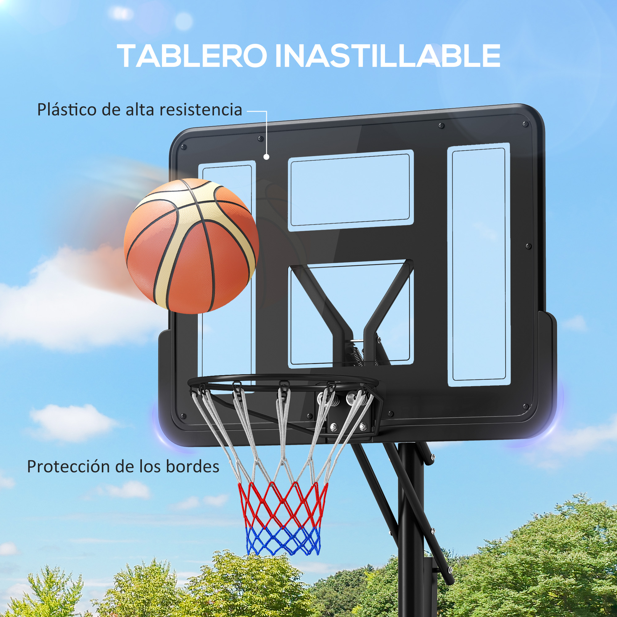 Un aro de baloncesto con balón en movimiento. Texto en español, cielo azul al fondo.