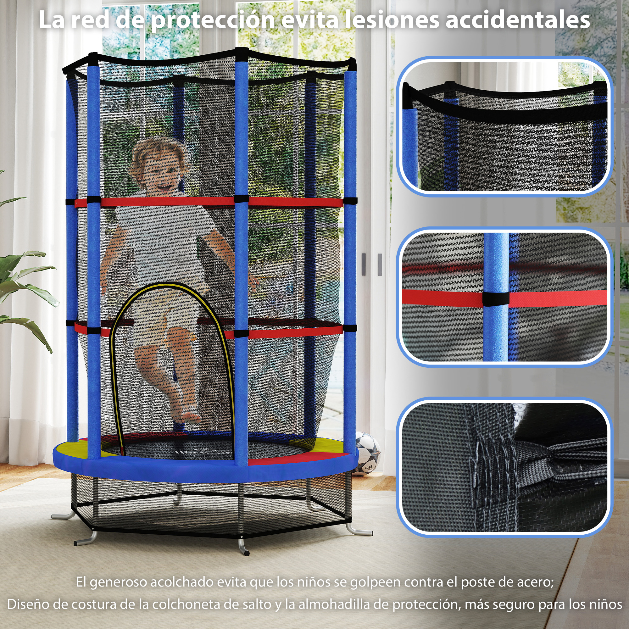 Un niño salta dentro de un trampolín con red de seguridad. El marco es azul, con detalles en rojo y amarillo.
